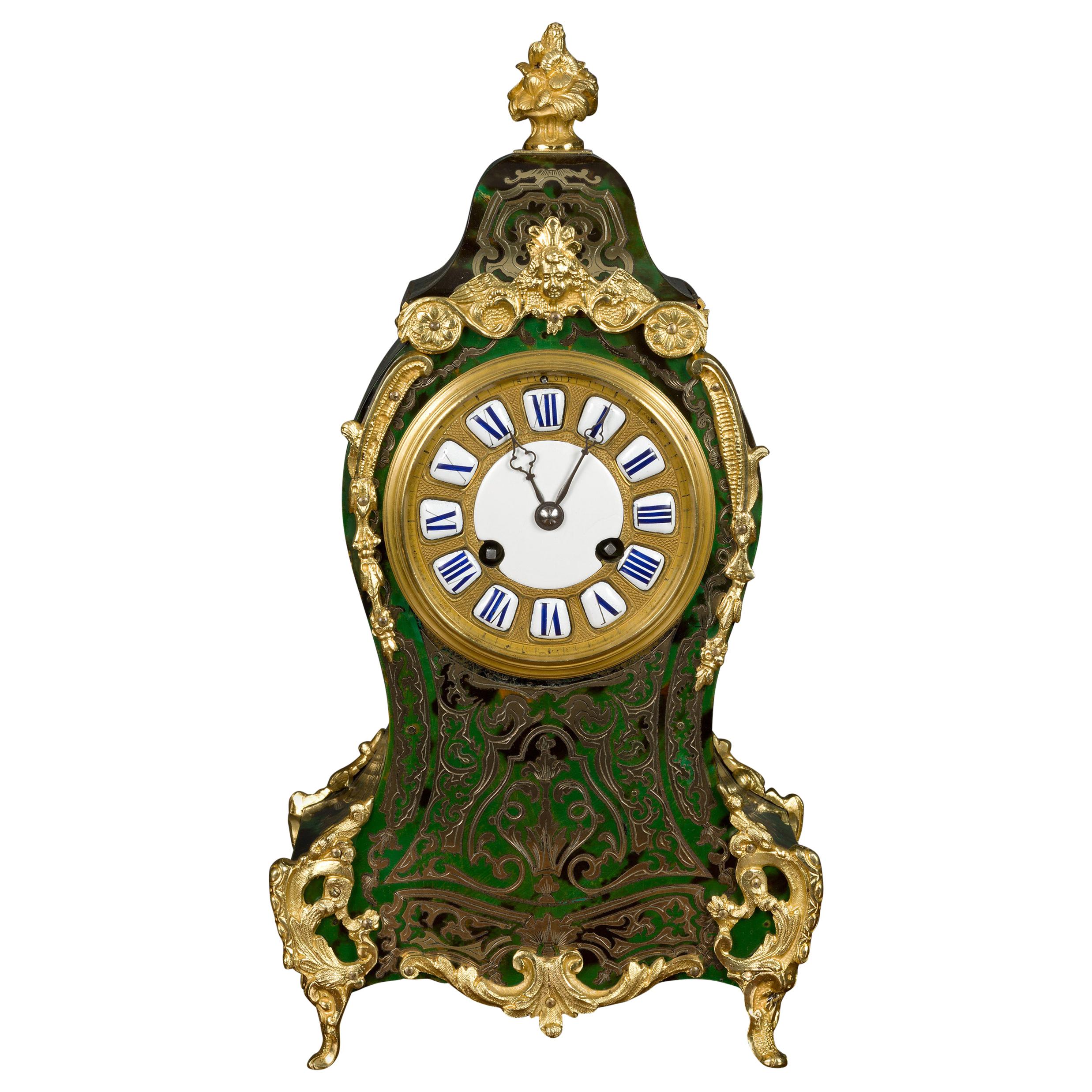 French Green Tortoiseshell Boulle Clock by Jean-Baptiste Delettrez
