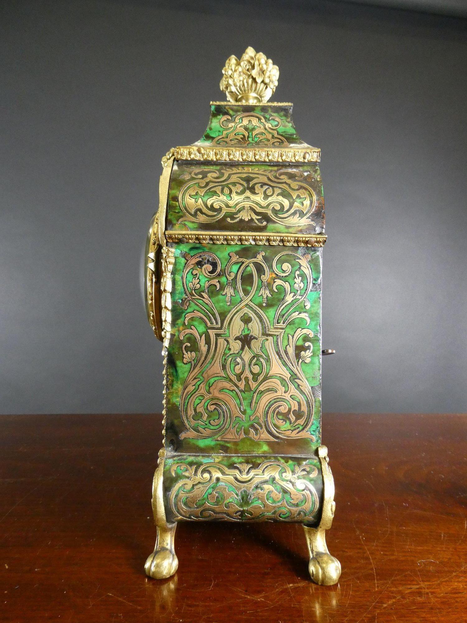 Late 19th Century French Green Tortoiseshell Boulle Clock by R & C, Paris For Sale