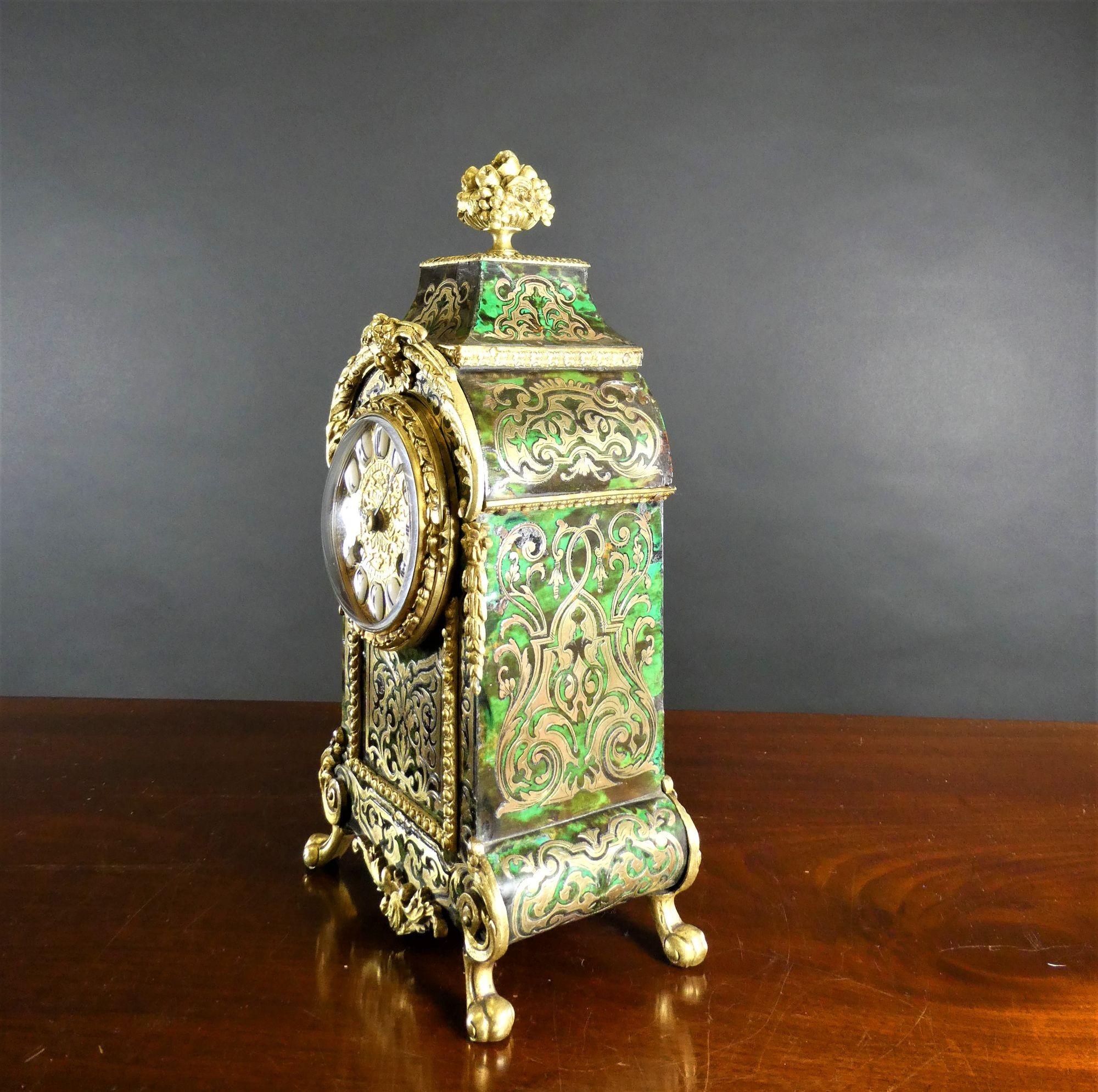 French Green Tortoiseshell Boulle Clock by R & C, Paris For Sale 3