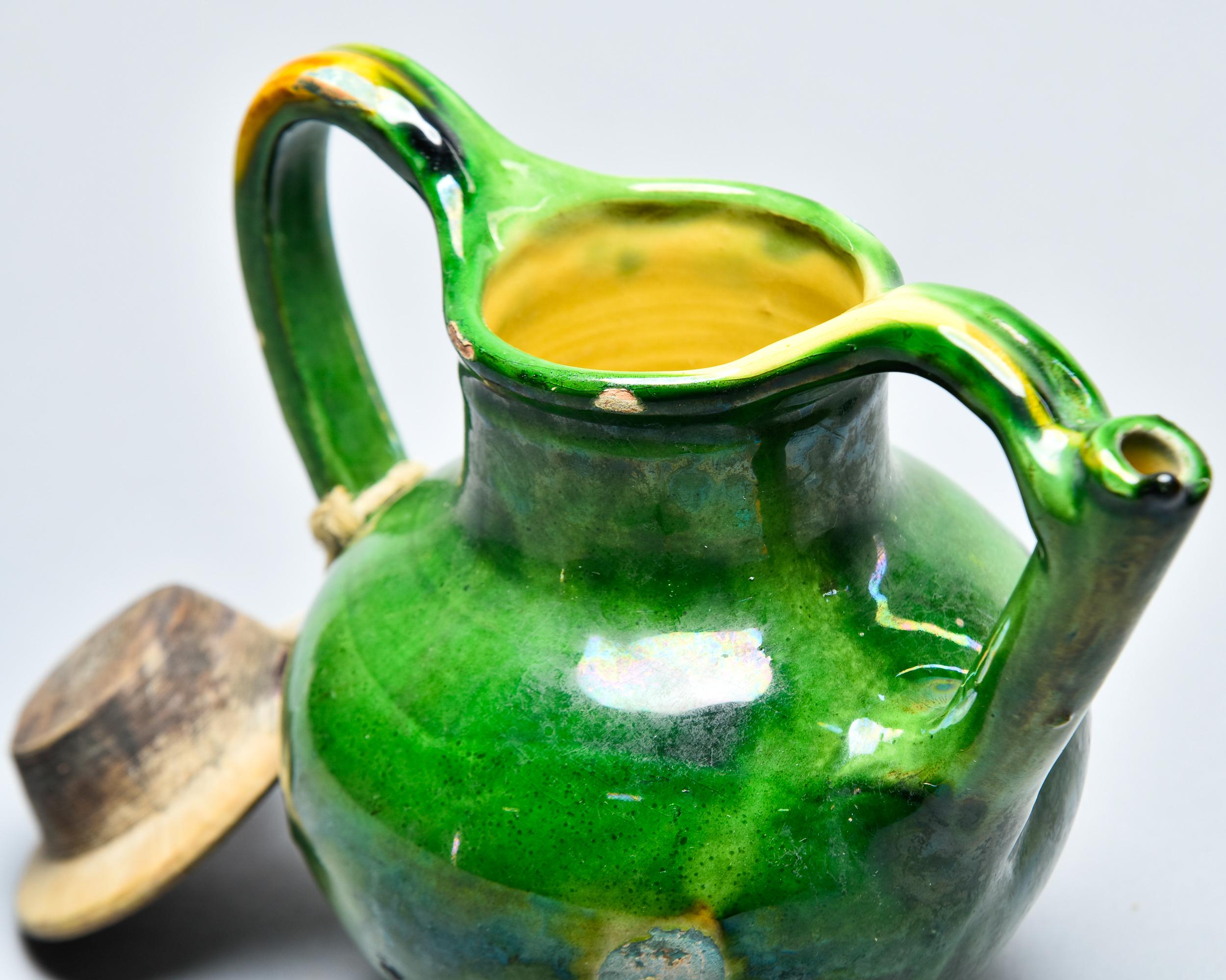 French Green Water Jug With Wooden Lid For Sale 2