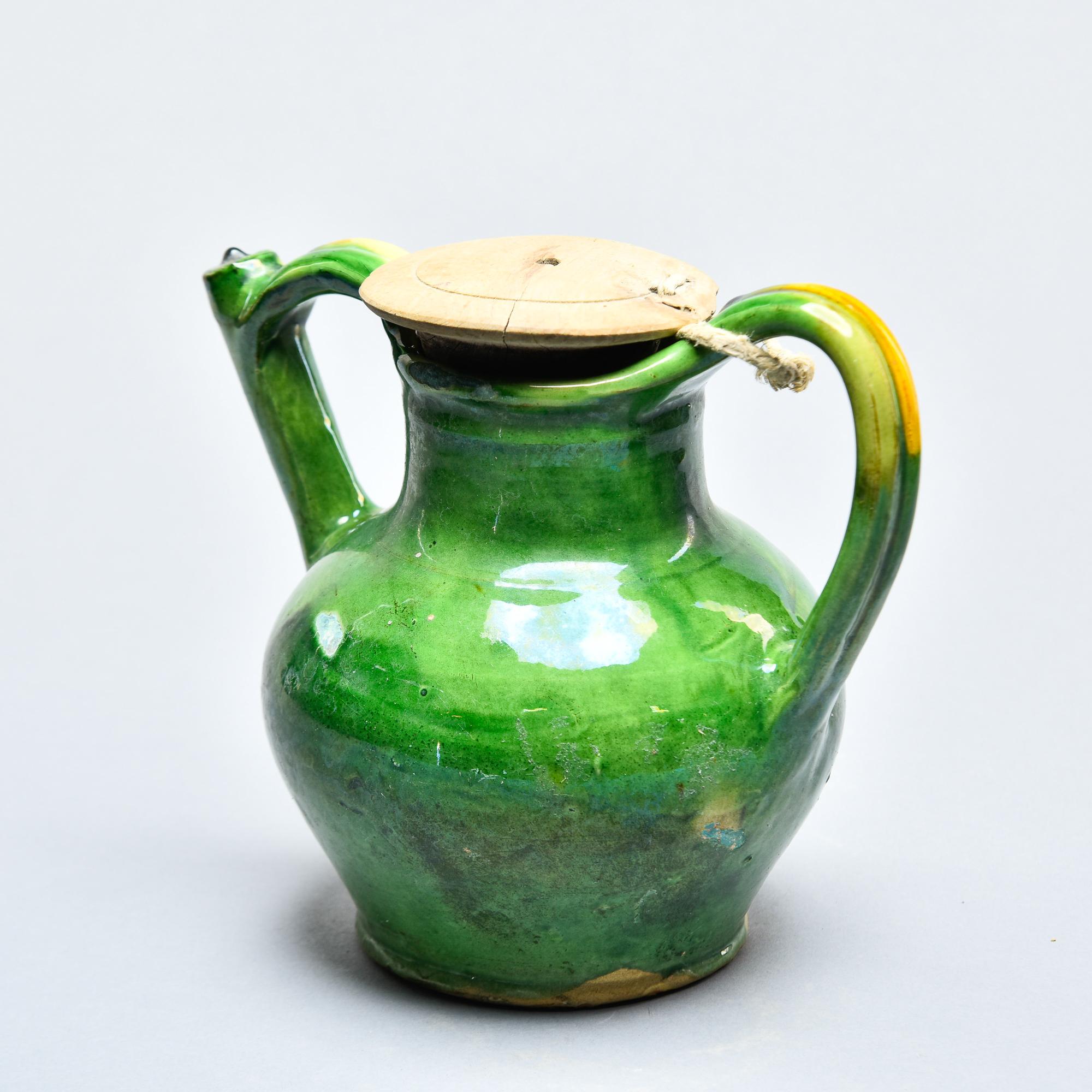 French Provincial French Green Water Jug With Wooden Lid For Sale