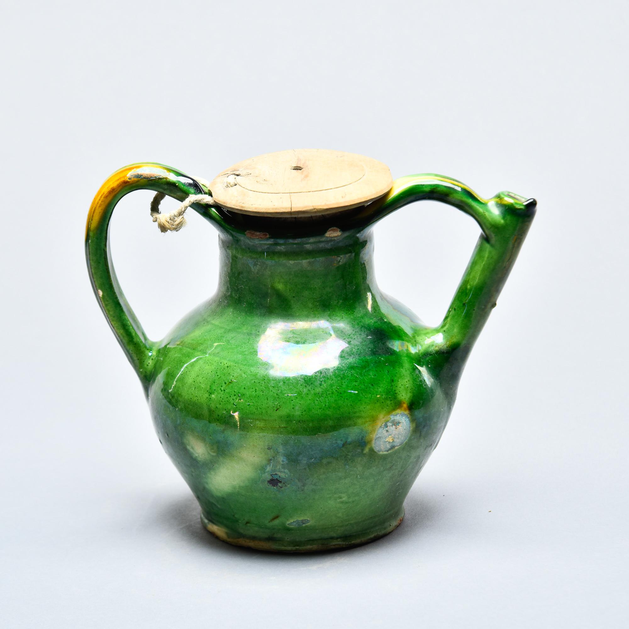 Glazed French Green Water Jug With Wooden Lid For Sale