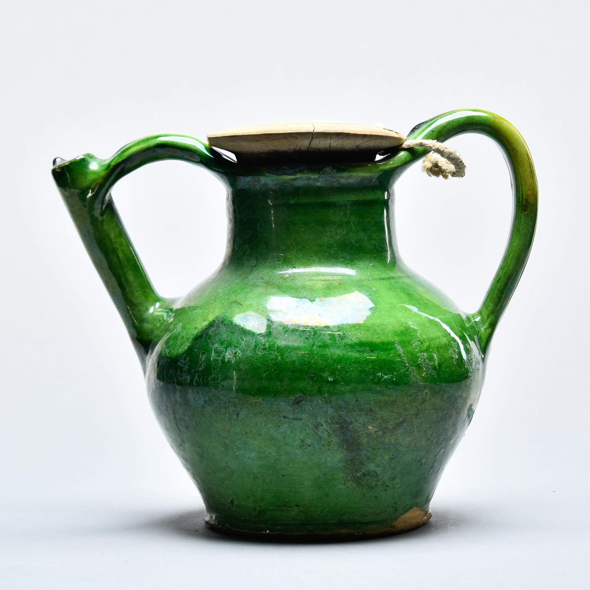 Ceramic French Green Water Jug With Wooden Lid For Sale