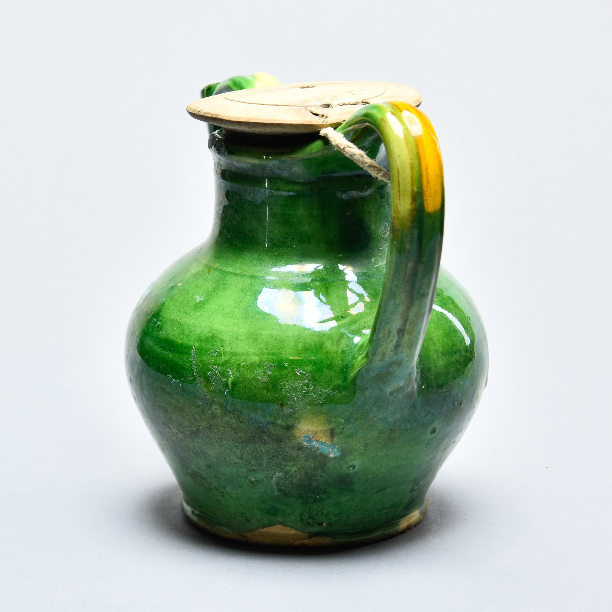 French Green Water Jug With Wooden Lid For Sale 1