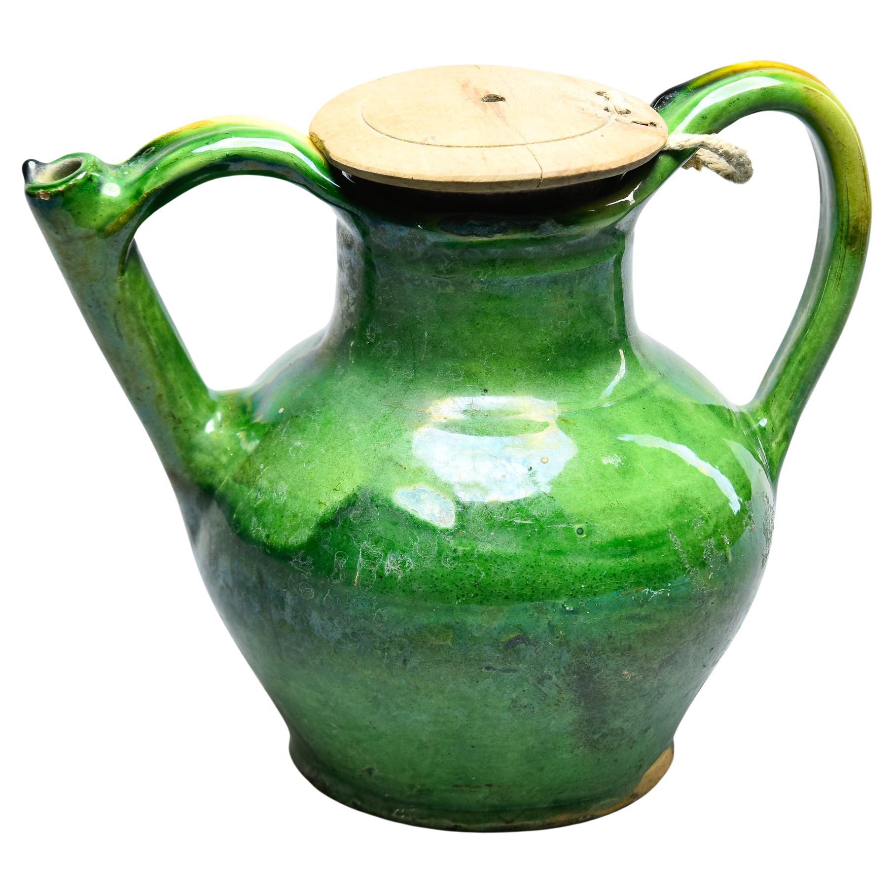French Green Water Jug With Wooden Lid For Sale