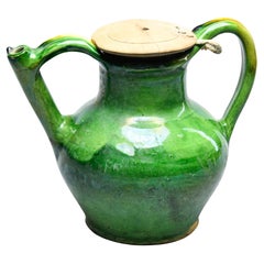 Antique French Green Water Jug With Wooden Lid