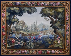 French Greenery Aubusson Tapestry - N° 1675  Bleu, Birds, flower, river, plants