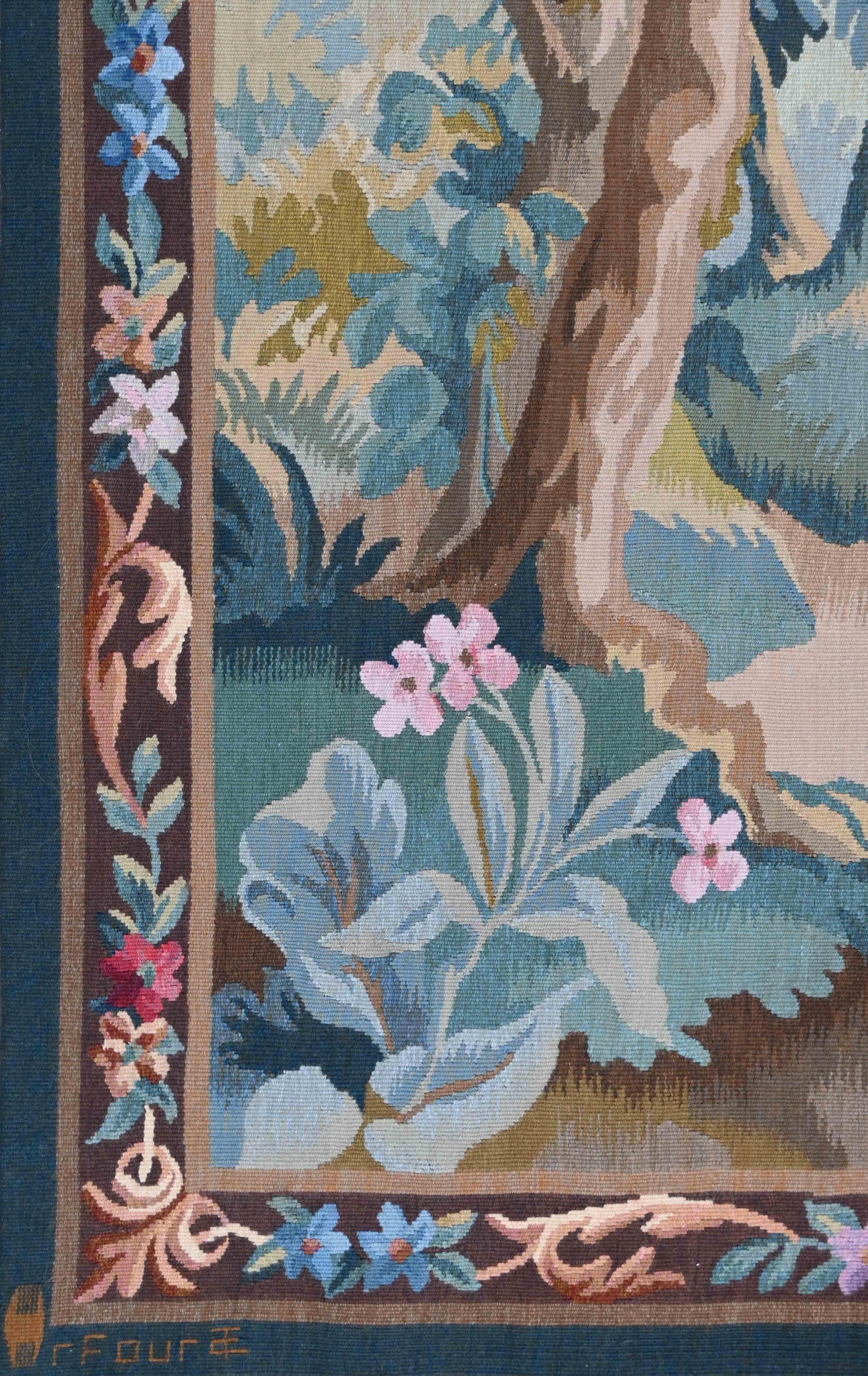 Francese Arazzo francese Greenery, Roubert Fours Aubusson Factory - 90lx105h - No. 1492 in vendita