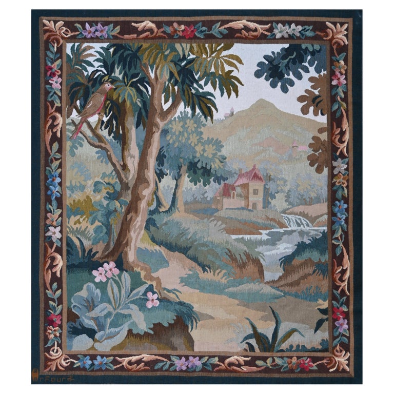 Französischer grüner Wandteppich, Roubert Fours Aubusson-Fabrik, 90lx105h, Nr. 1492 im Angebot bei 1stDibs Deutschland