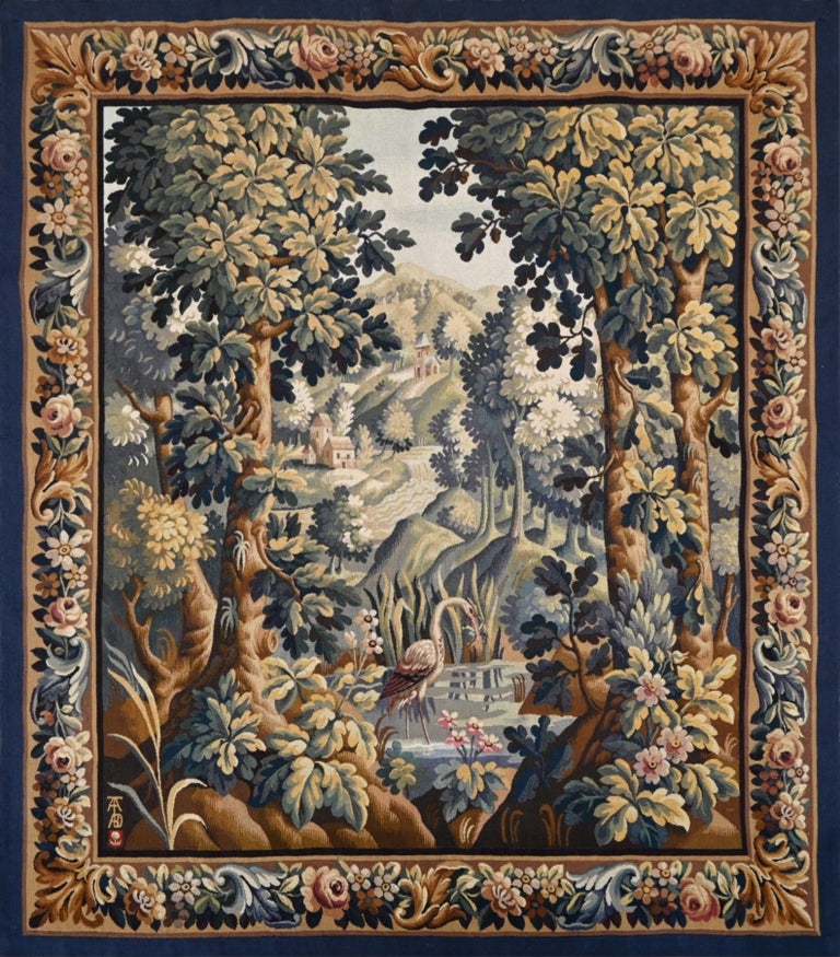 Französischer grüner Wandteppich, TABDARD Werkstatt Aubusson - 170H x 155W