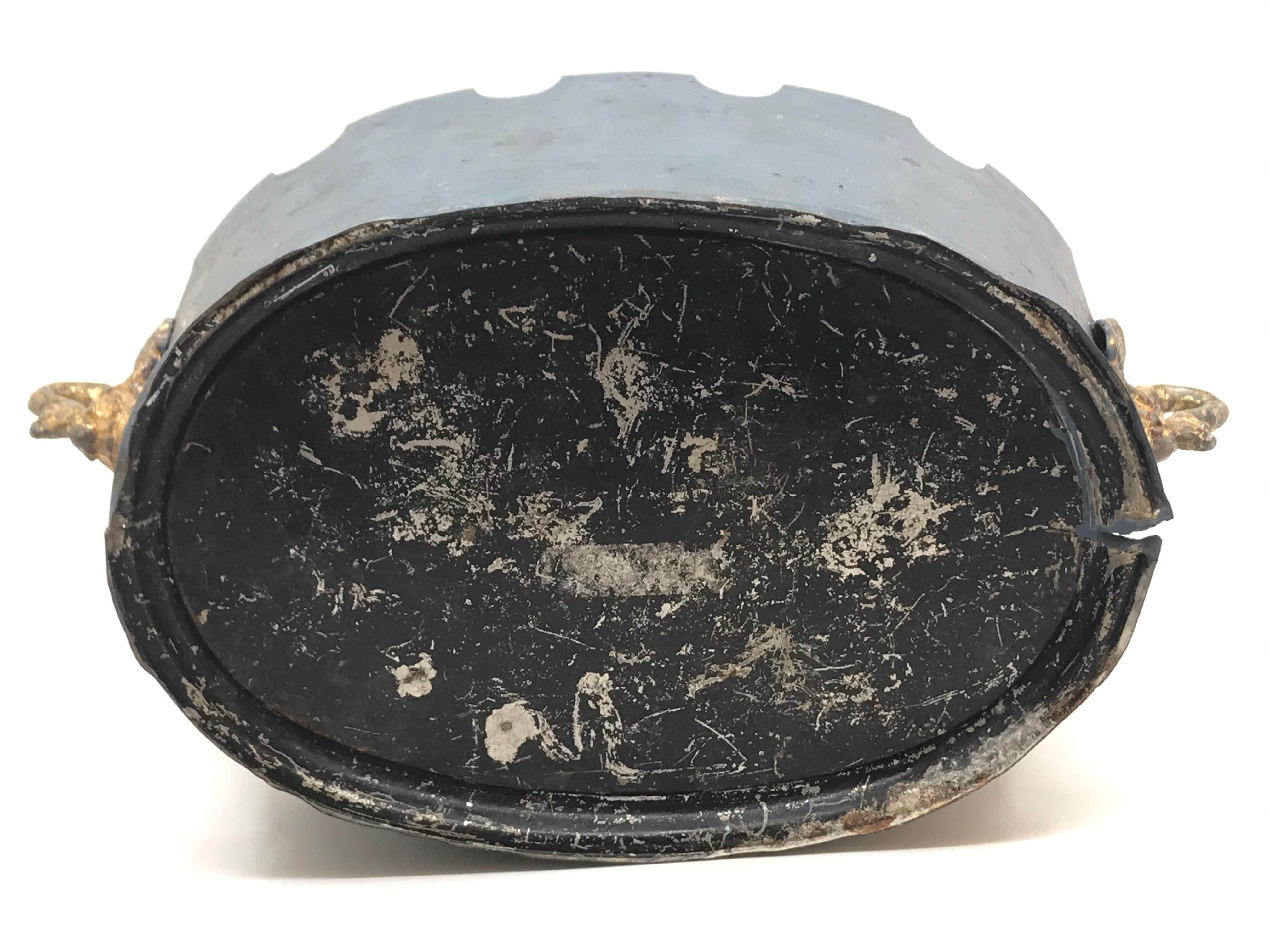 French Grey Blue Tole Monteith Cachepot with Gilt Swan Handles 4