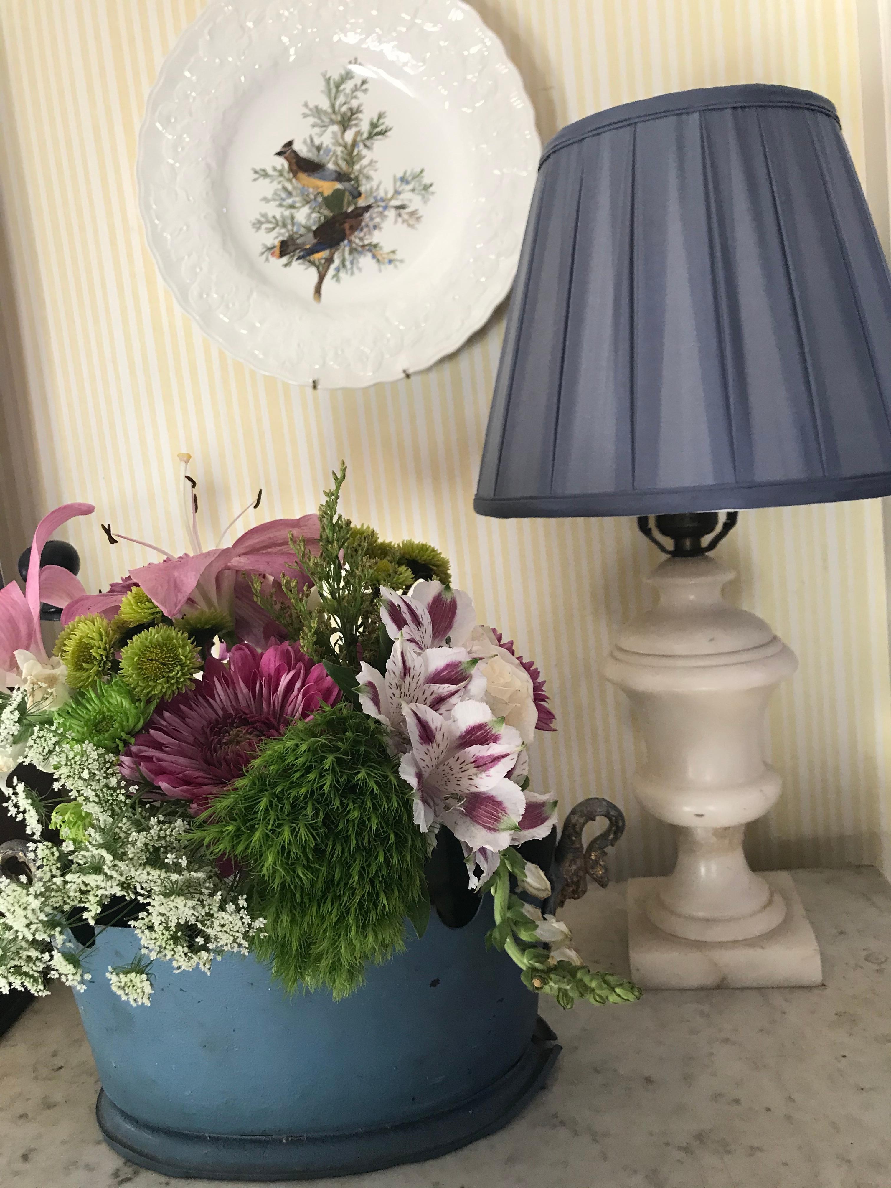French grey blue tole monteith cachepot. Elegant Louis Philippe tole jardiniere planter with original gorgeous blue paint and gilt swan handles. France, 1840’s.
Dimensions: 12.75