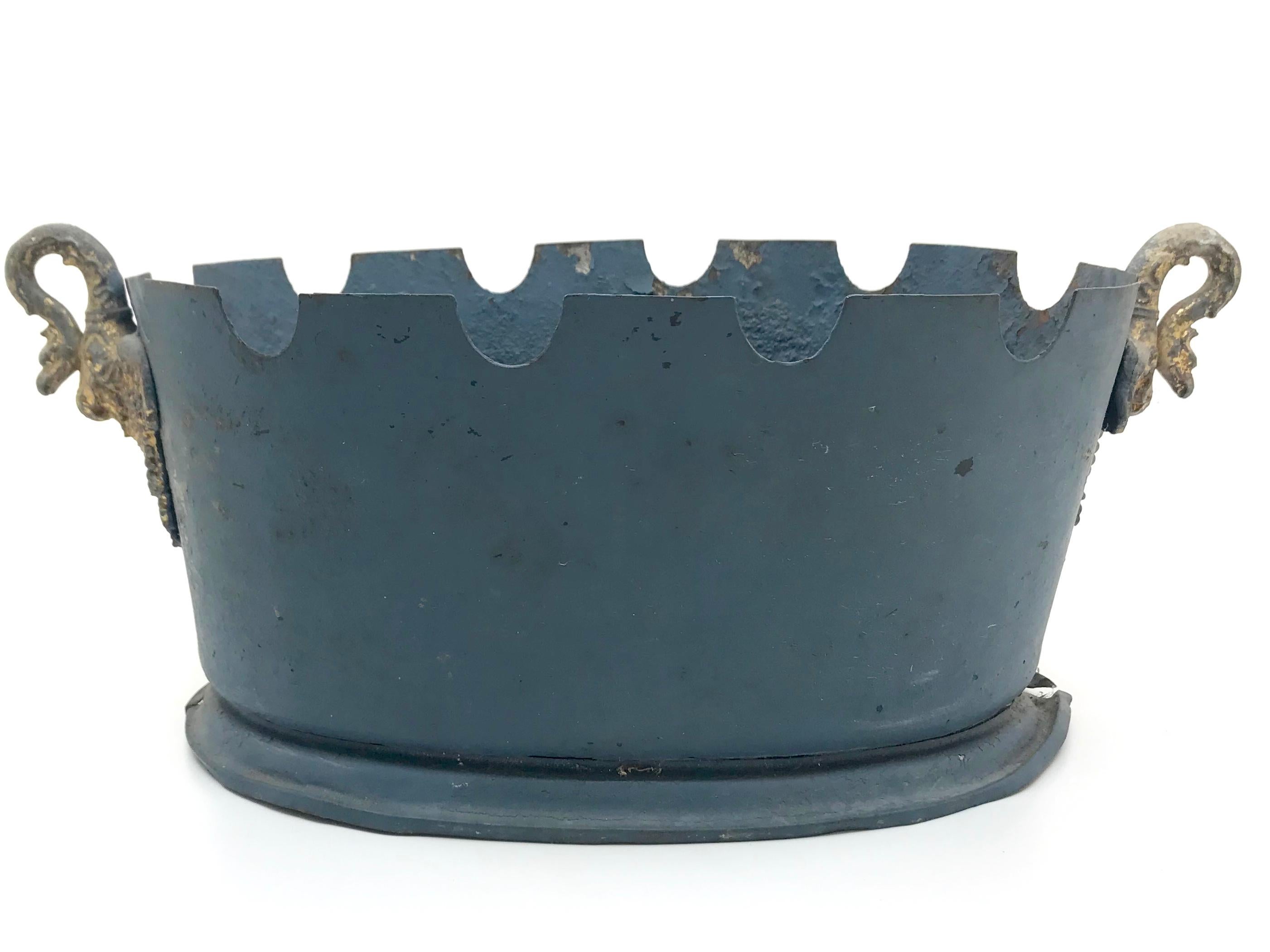 19th Century French Grey Blue Tole Monteith Cachepot with Gilt Swan Handles