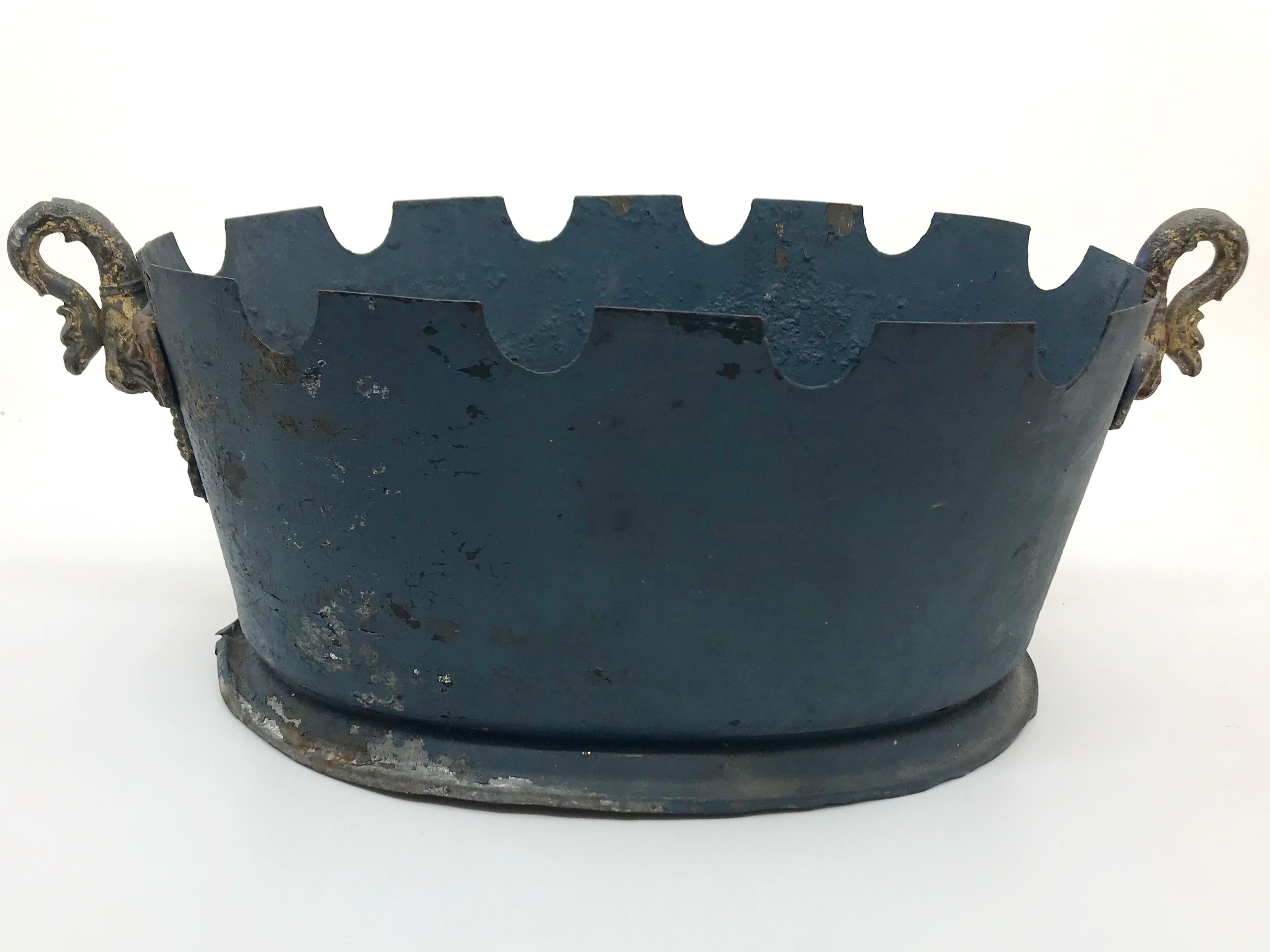 Metal French Grey Blue Tole Monteith Cachepot with Gilt Swan Handles