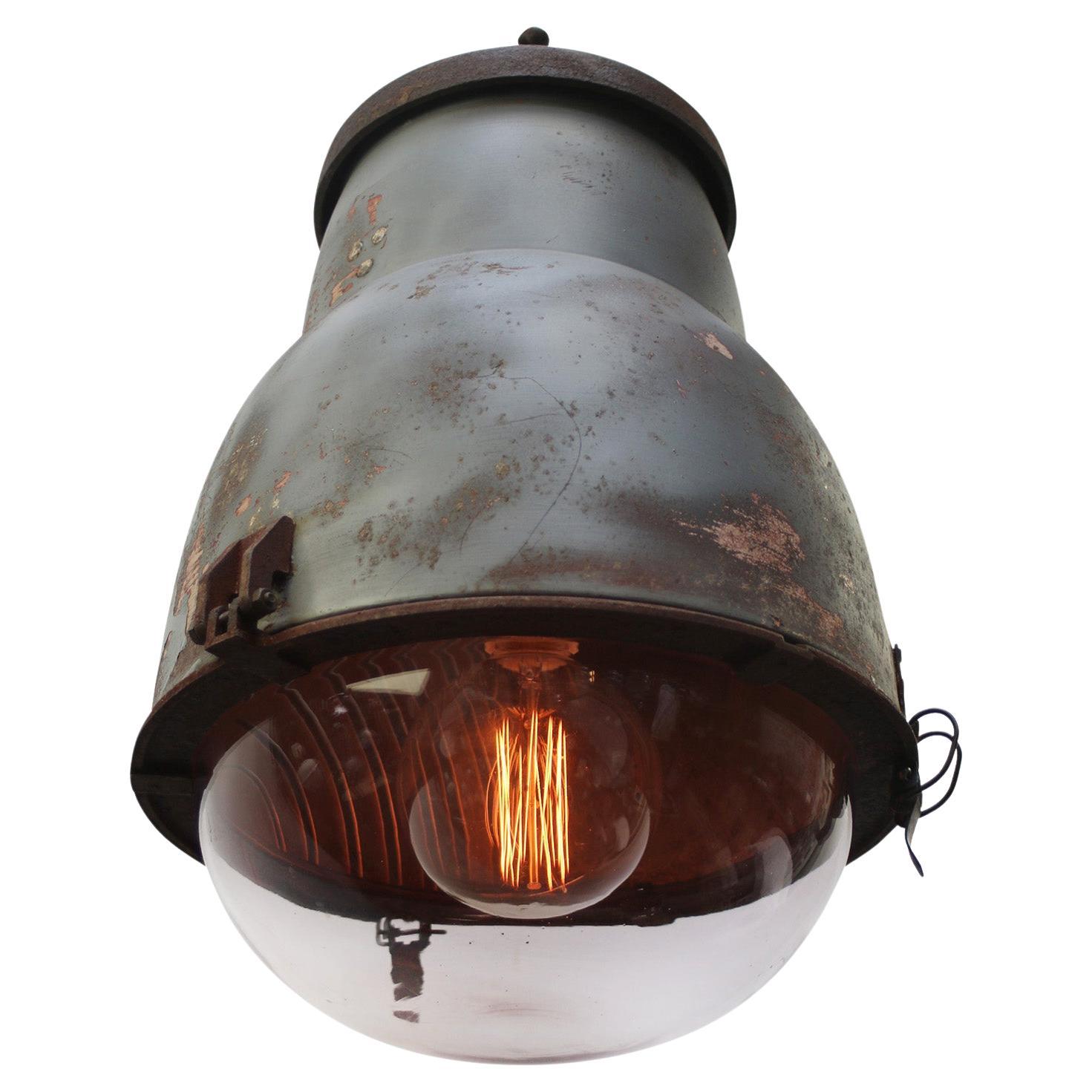 French Grey Metal Vintage Round Glass Pendant Light by Philips For Sale