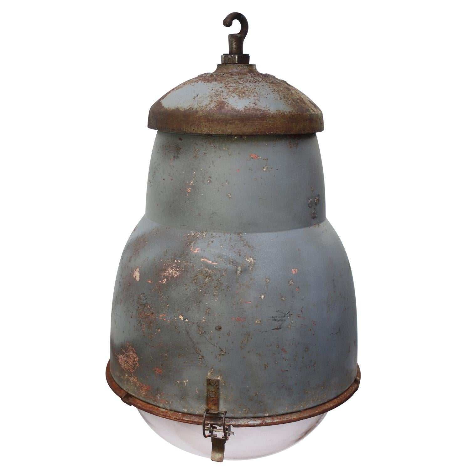 Industrial French Grey Metal Vintage Round Glass Pendant Light by Philips For Sale