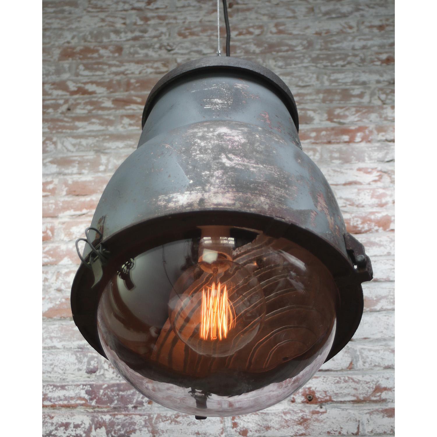 French Grey Metal Vintage Round Glass Pendant Light by Philips In Good Condition For Sale In Amsterdam, NL