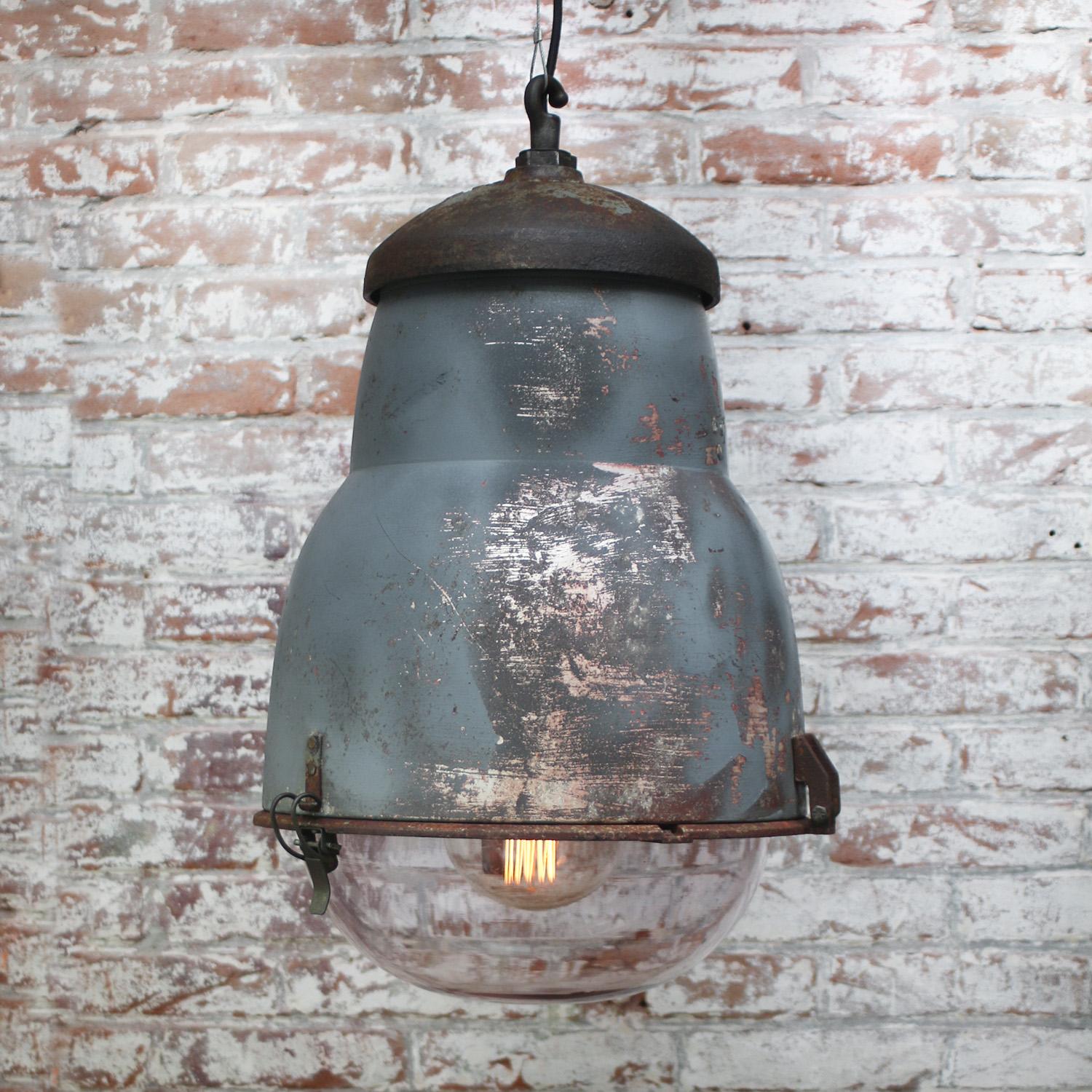 French Grey Metal Vintage Round Glass Pendant Light by Philips For Sale 1