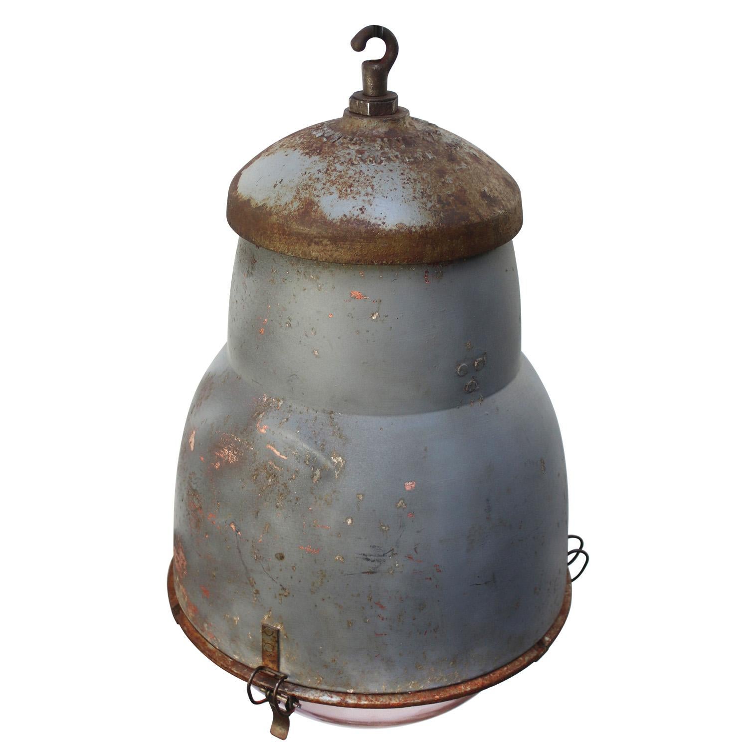 French Grey Metal Vintage Round Glass Pendant Light by Philips For Sale 2