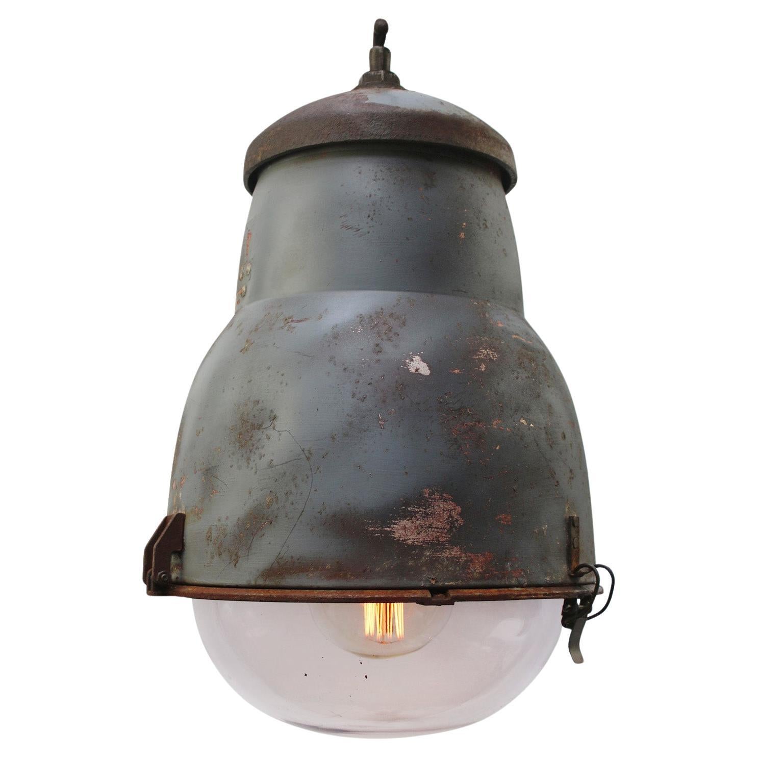 French Grey Metal Vintage Round Glass Pendant Lights by Philips