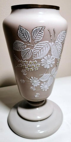 French Grey Opaline Glass Vase with Hand Painted Flowers Liberty Style