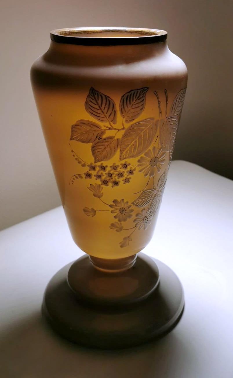 French Grey Opaline Glass Vase with Hand Painted Flowers Liberty Style For Sale 2
