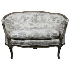 Vintage French Grey Painted Curved Settee in Grey Japonais Toile