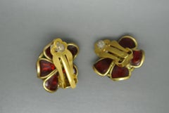 French Gripoix camelia flower Green red Poured Glass Earrings