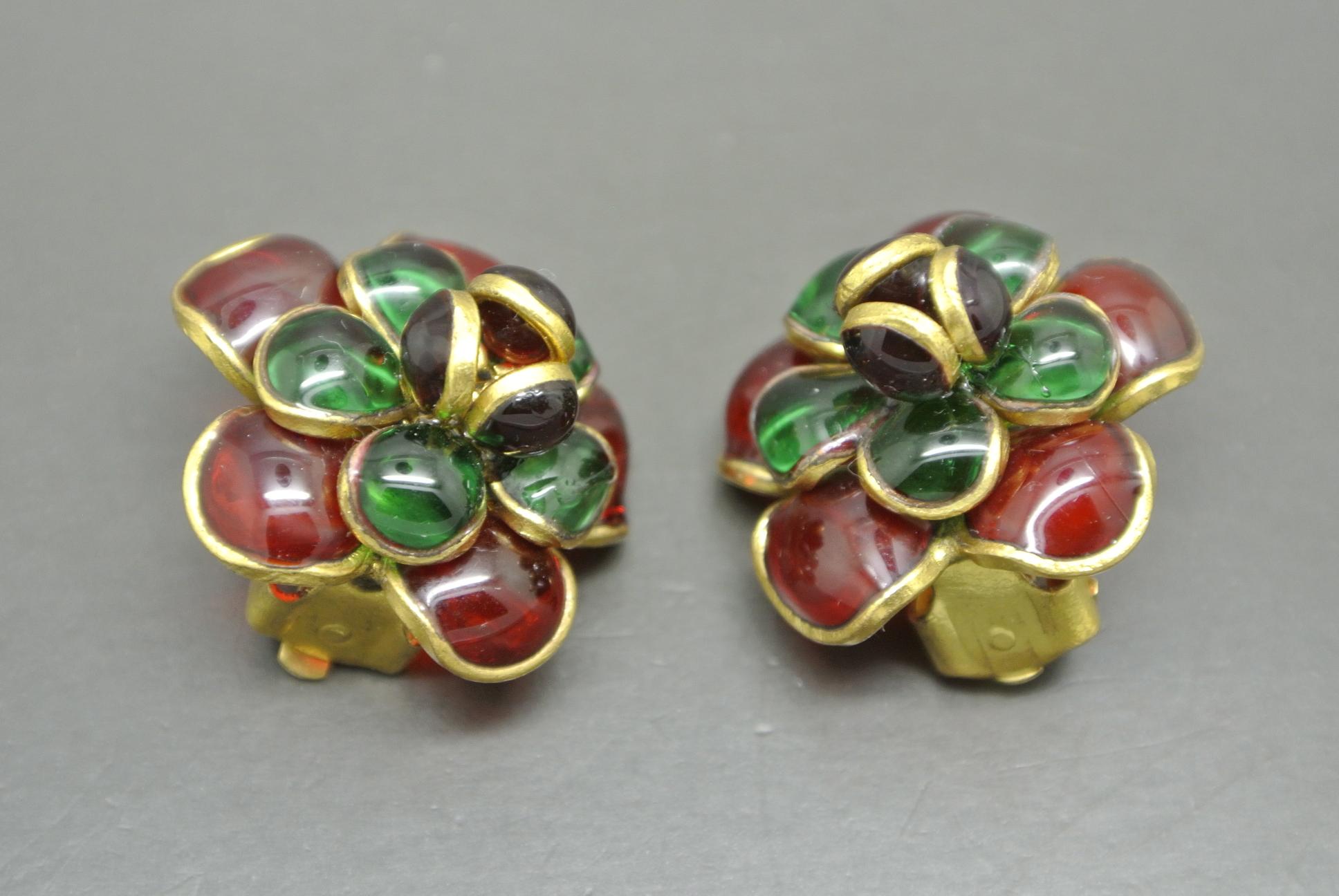 Artist French Gripoix camelia flower Green red Poured Glass Earrings For Sale