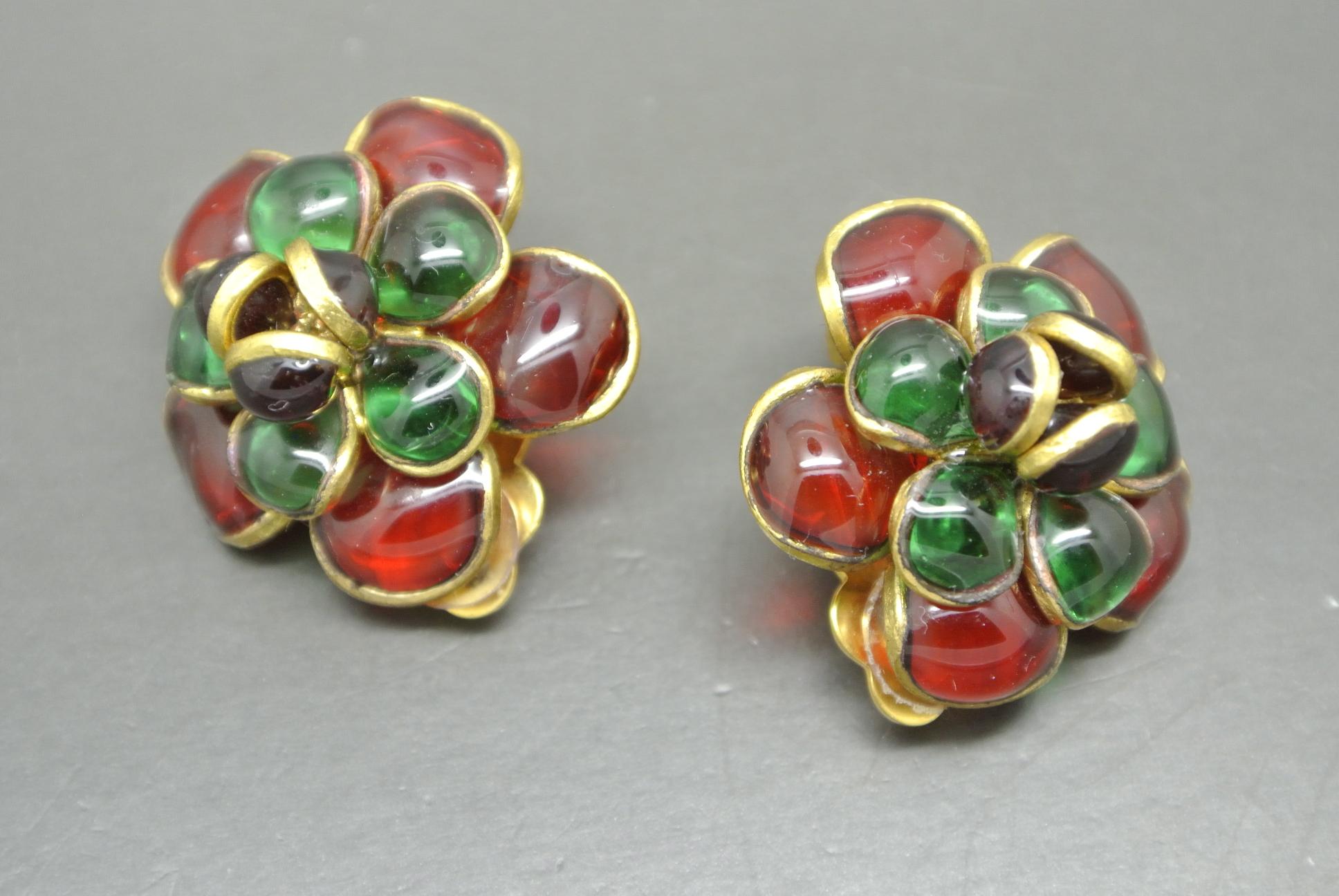 Women's or Men's French Gripoix camelia flower Green red Poured Glass Earrings For Sale