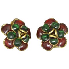 French Gripoix camelia flower Green red Poured Glass Earrings