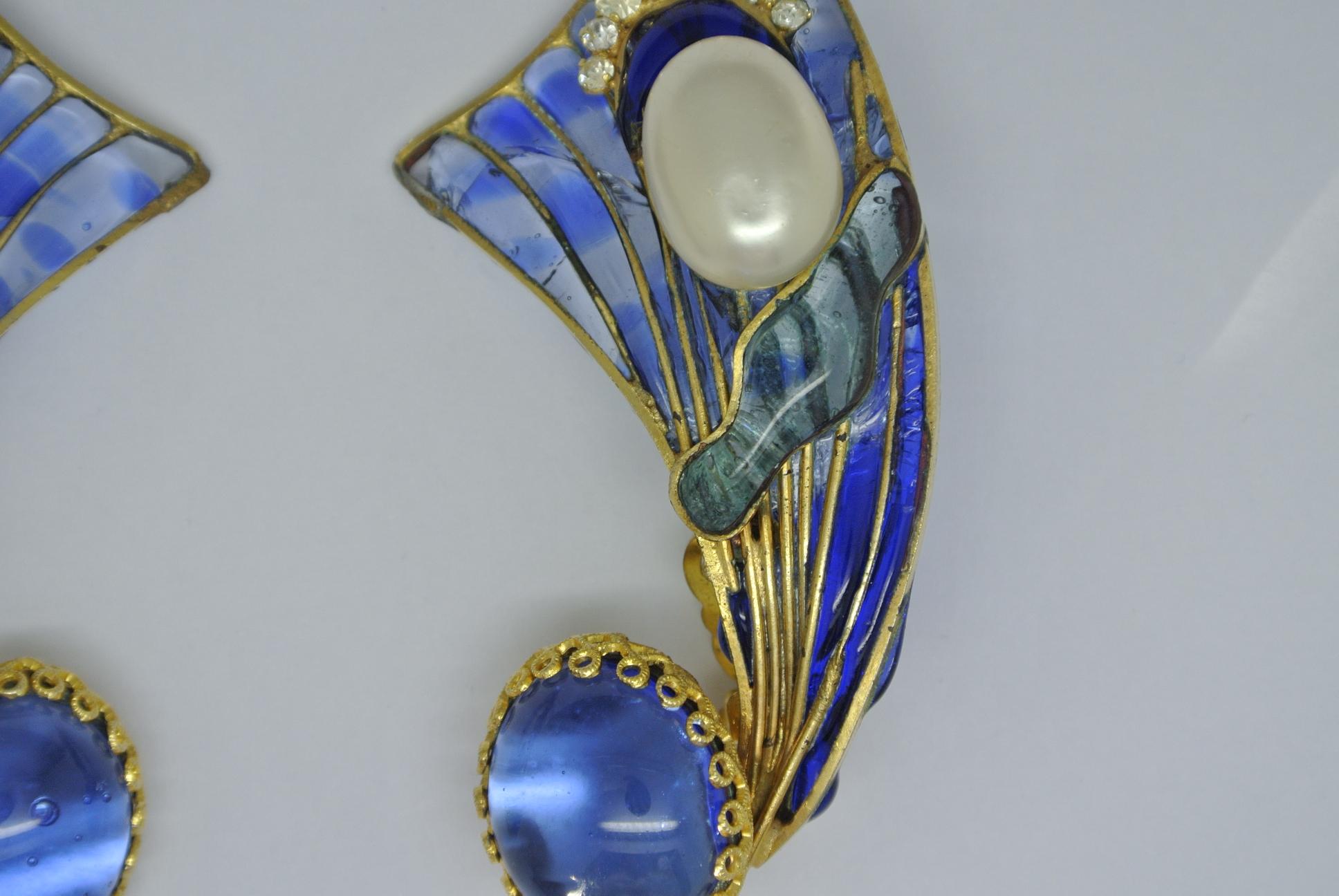 Artist French Gripoix early blue Poured Glass couture Earrings For Sale