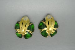 French Gripoix emerald Green flower Poured Glass Earrings