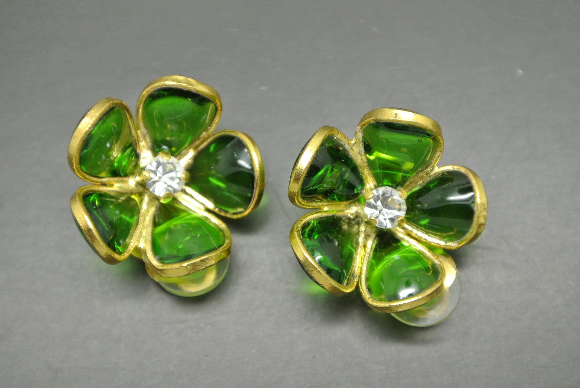 Artist French Gripoix emerald Green flower Poured Glass Earrings For Sale