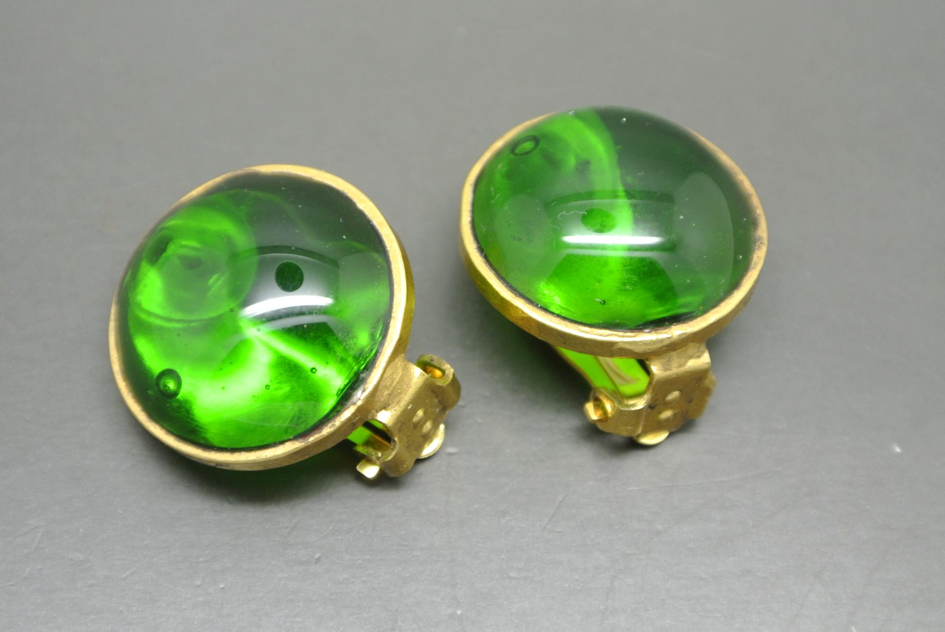 Artist French Gripoix emerald Green Poured Glass Earrings For Sale