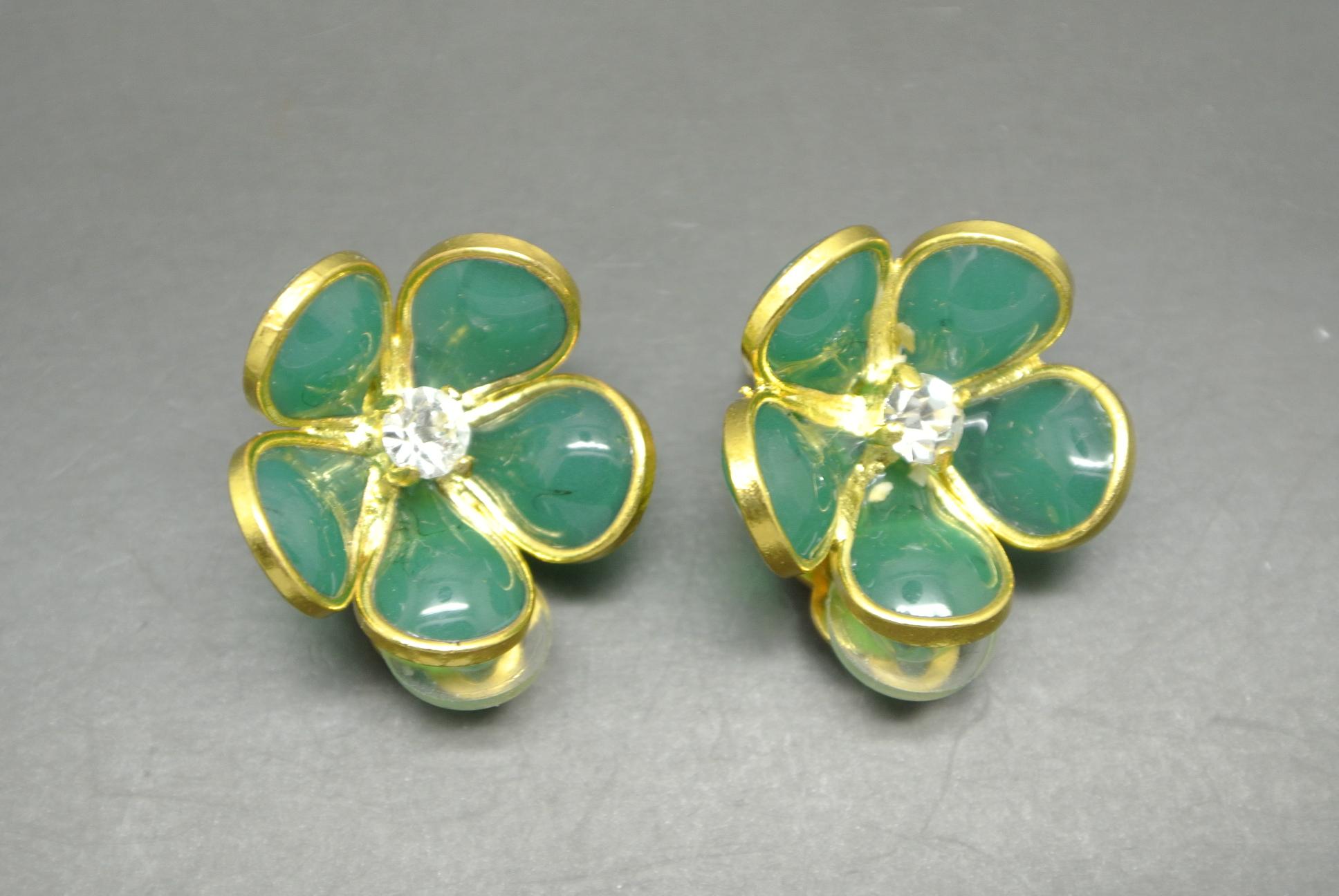 Artist French Gripoix mint Green flower Poured Glass Earrings For Sale