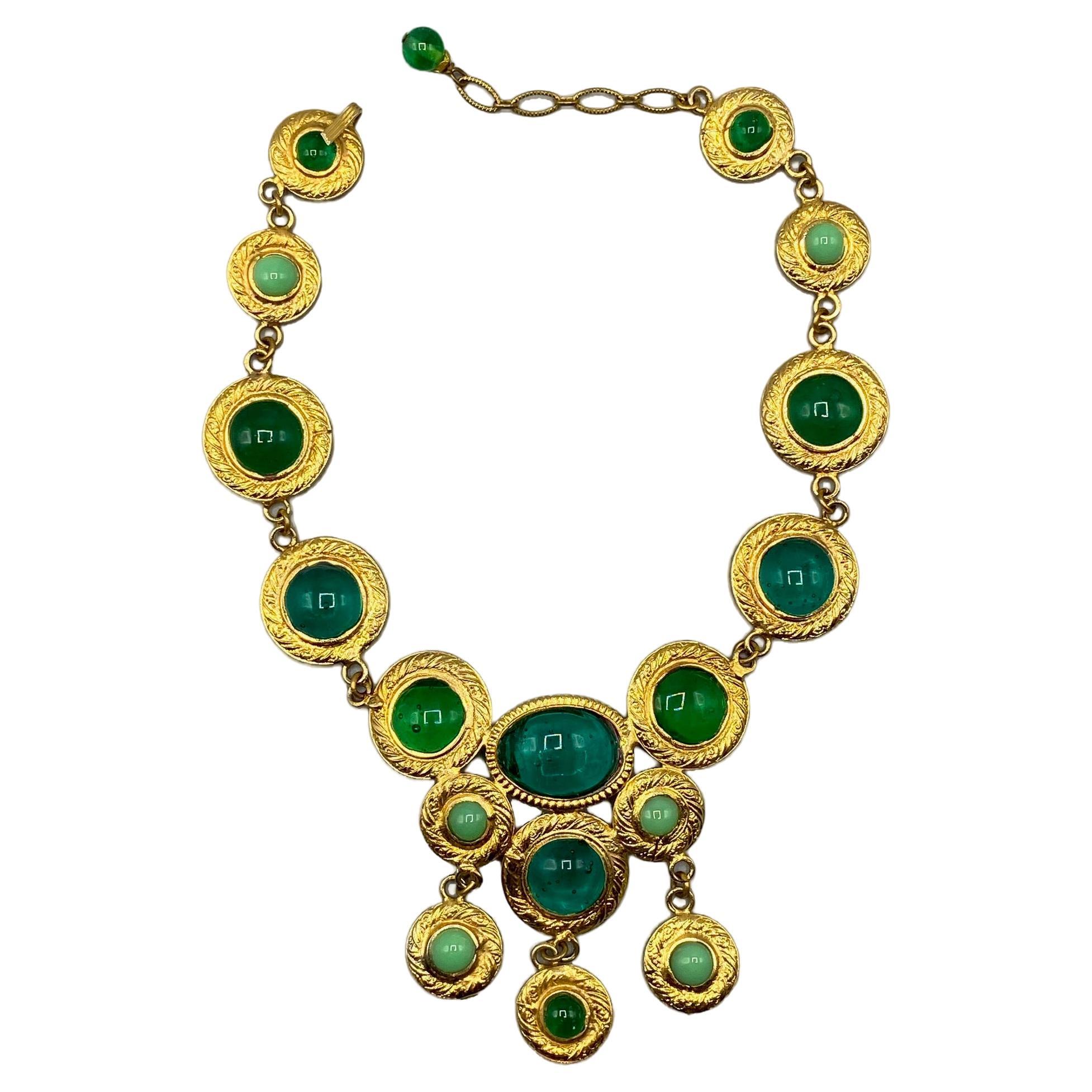 French Gripoix Poured Green Glass Necklace, 1980s