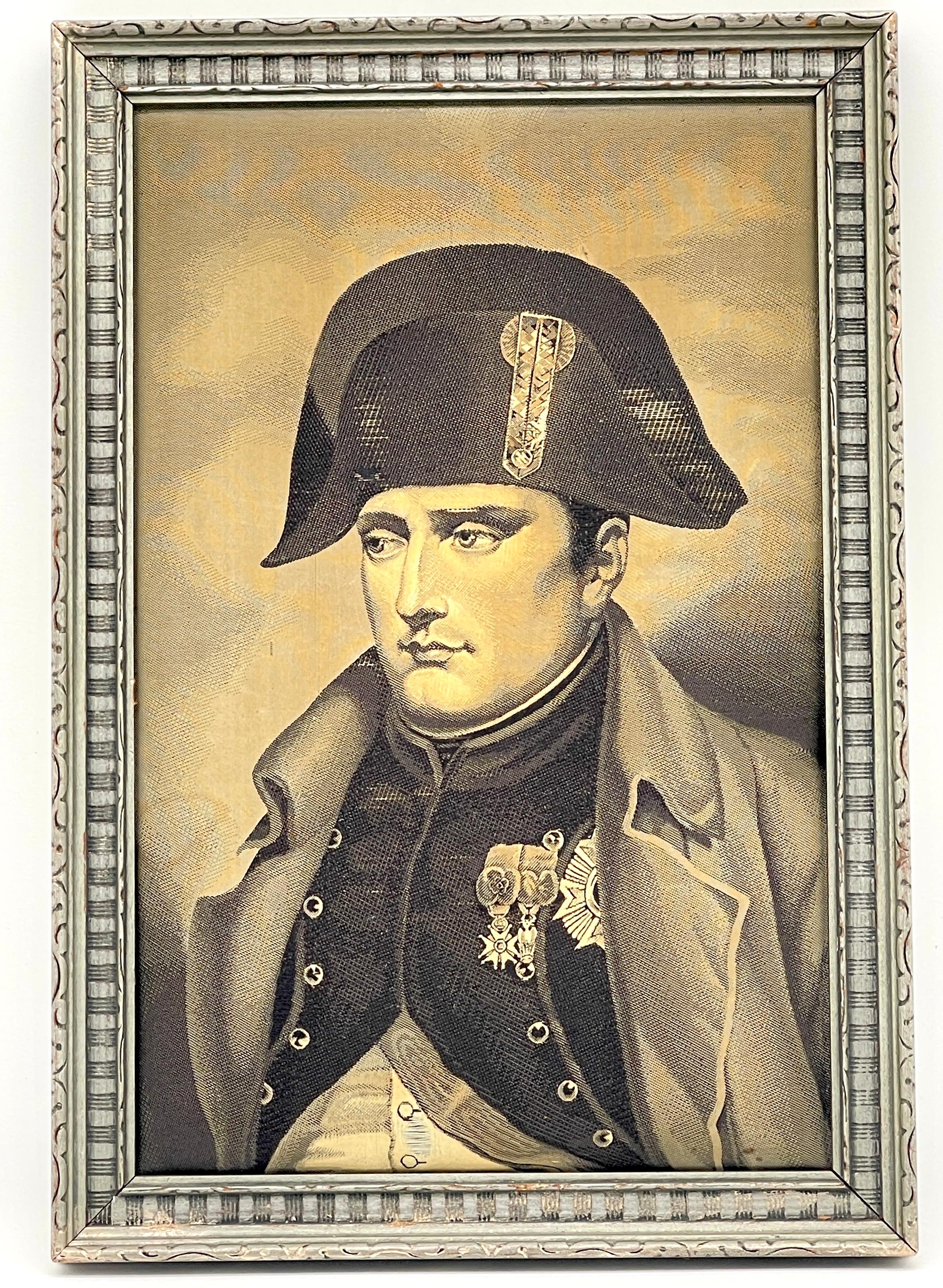French Grisaille (Grey) Tapestry Portrait of Napoleon Bicorne Hat and Greatcoat
France, circa 1920s 

Capture a piece of French history with this exquisite Grisaille (Grey) Tapestry Portrait of Napoleon, dating back to the 1920s. In this finely