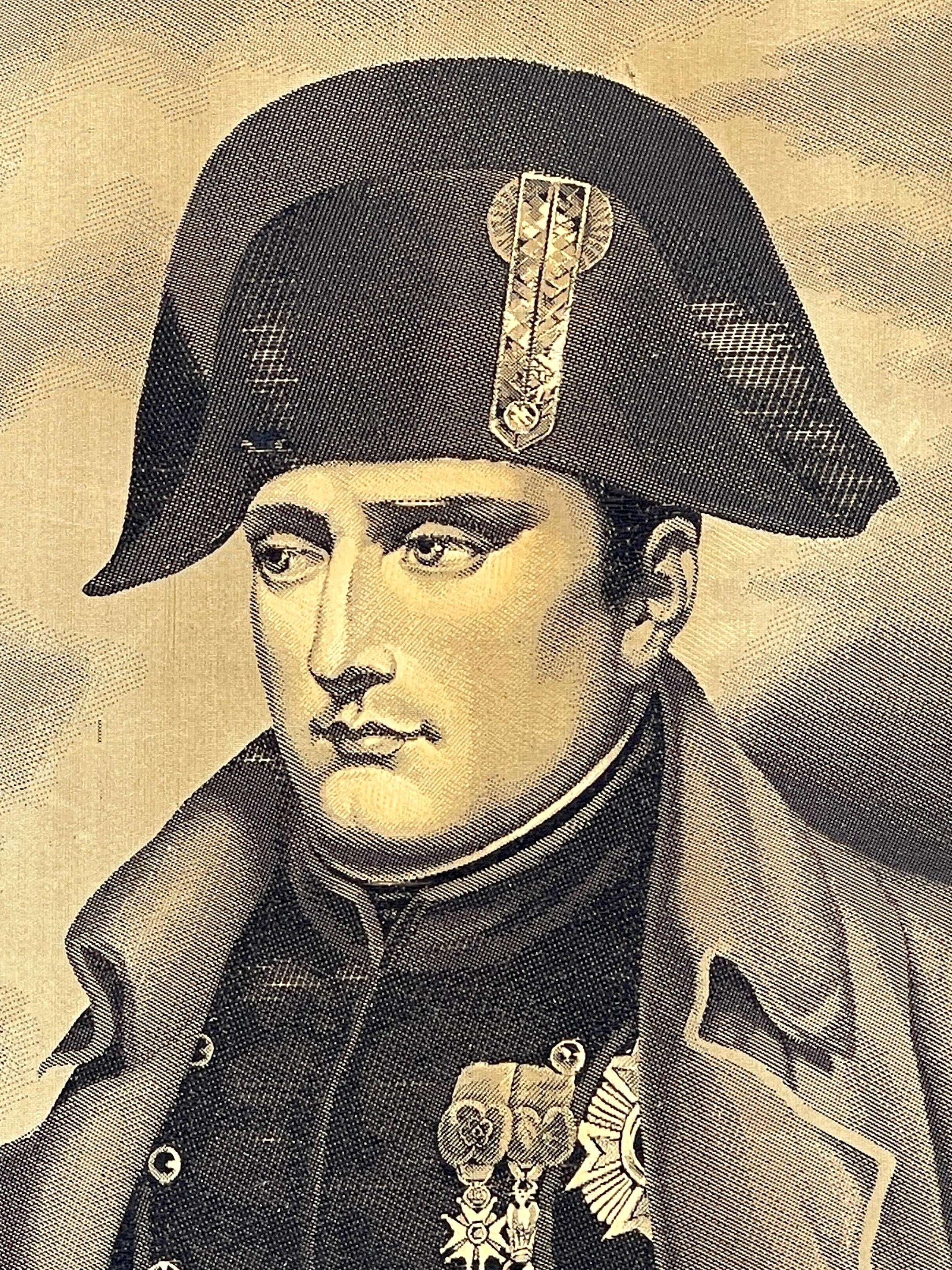 French Grisaille  (Grey) Tapestry Portrait of Napoleon Bicorne Hat & Greatcoat In Good Condition For Sale In West Palm Beach, FL