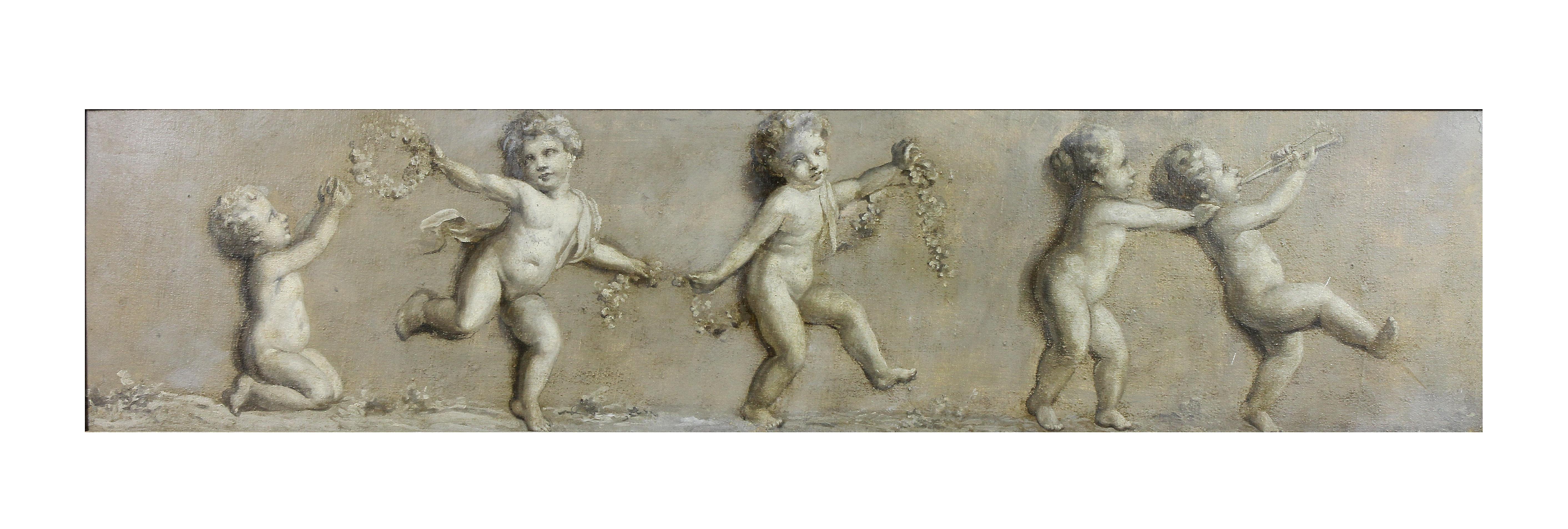 French Grisaille Oil on Canvas of Putti In Good Condition For Sale In Essex, MA