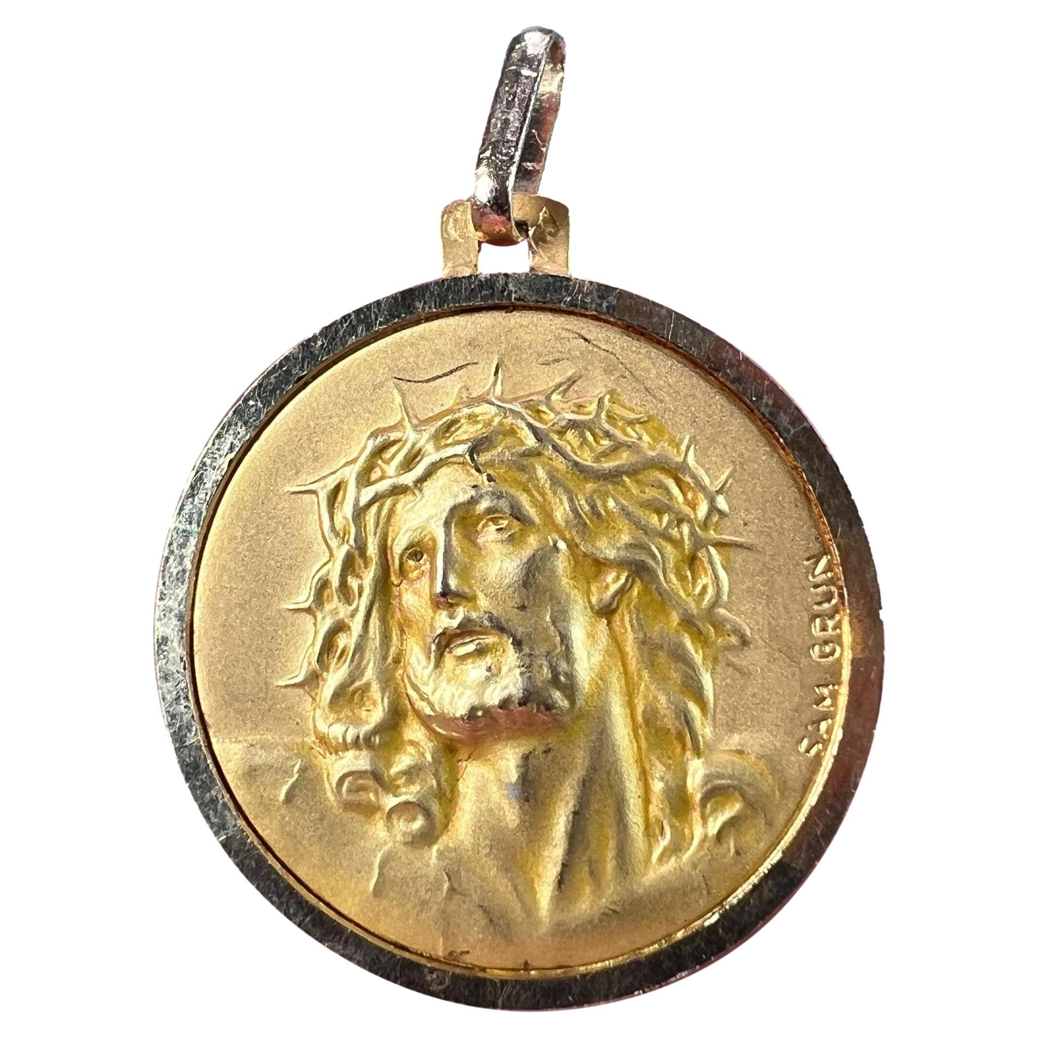 French Grun 18K Yellow Gold Jesus Christ Crown of Thorns Medal Charm Pendant