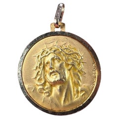 French Grun 18K Yellow Gold Jesus Christ Crown of Thorns Medal Charm Pendant