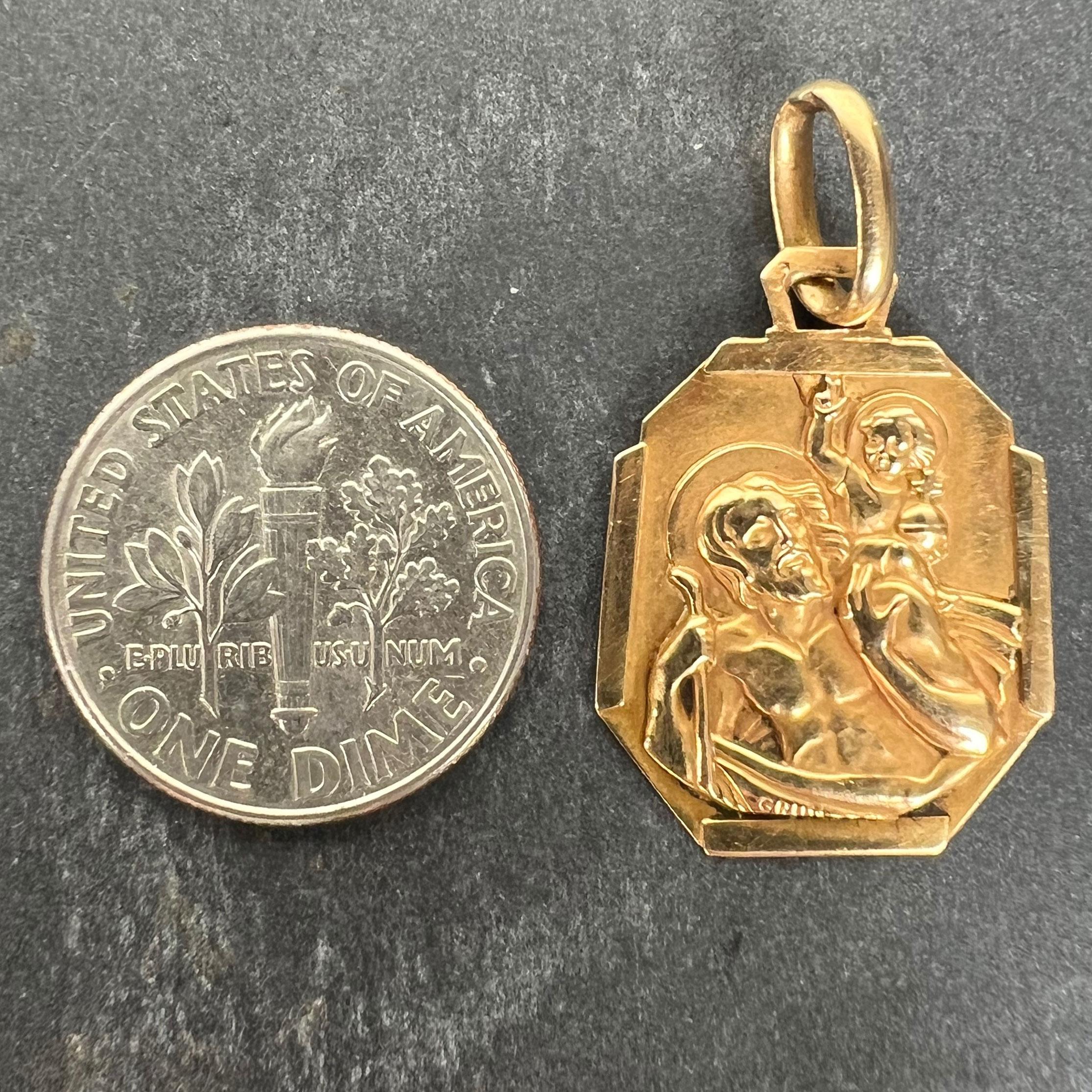 French Grun Saint Christopher 18K Yellow Gold Charm Pendant Medal in vendita 5