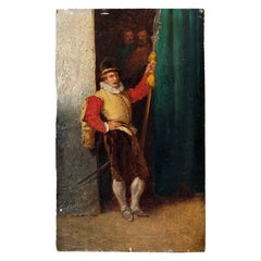 French Guard Oil Painting on Oak Panel with Old Gallery Label