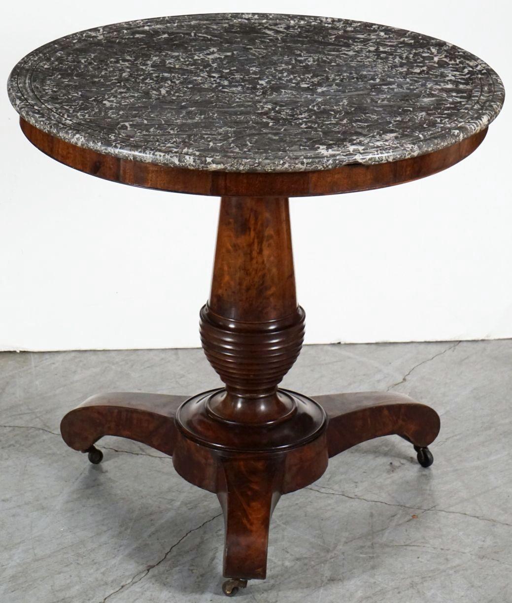 Veneer French Gueridon or Round Table of Flame Mahogany with Marble Top For Sale