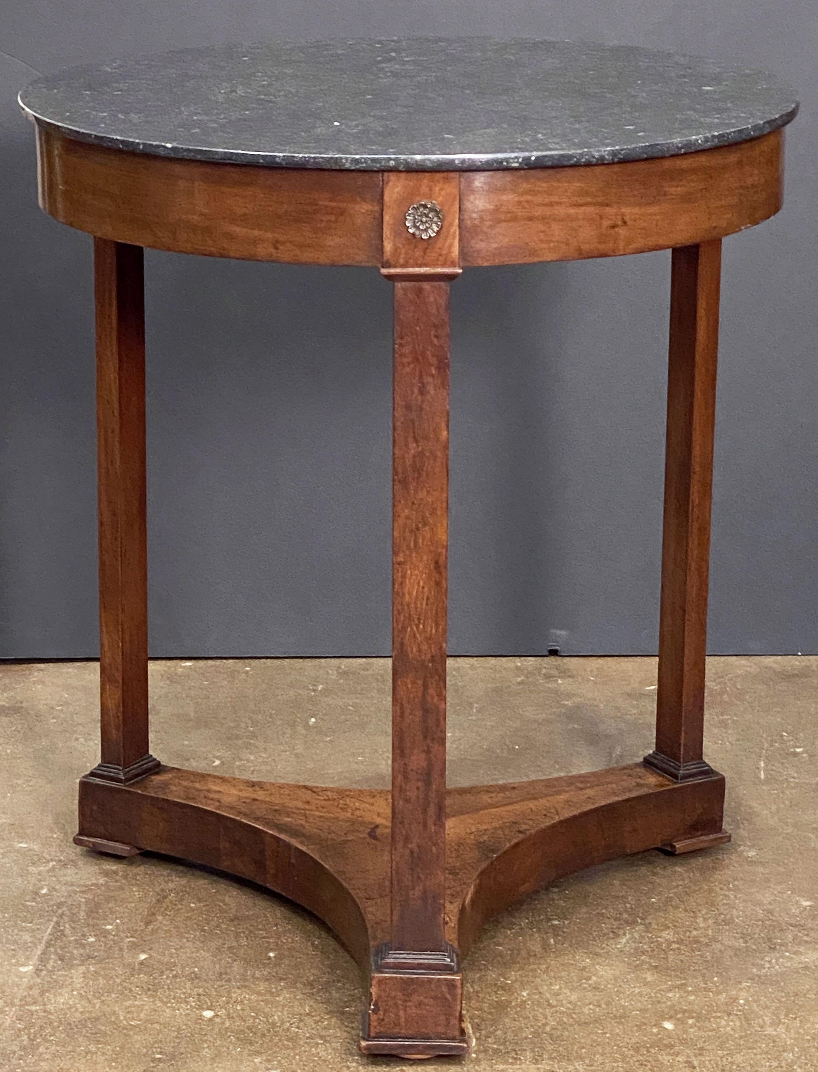 Metal French Gueridon or Round Table of Mahogany with Marble Top in the Empire Style