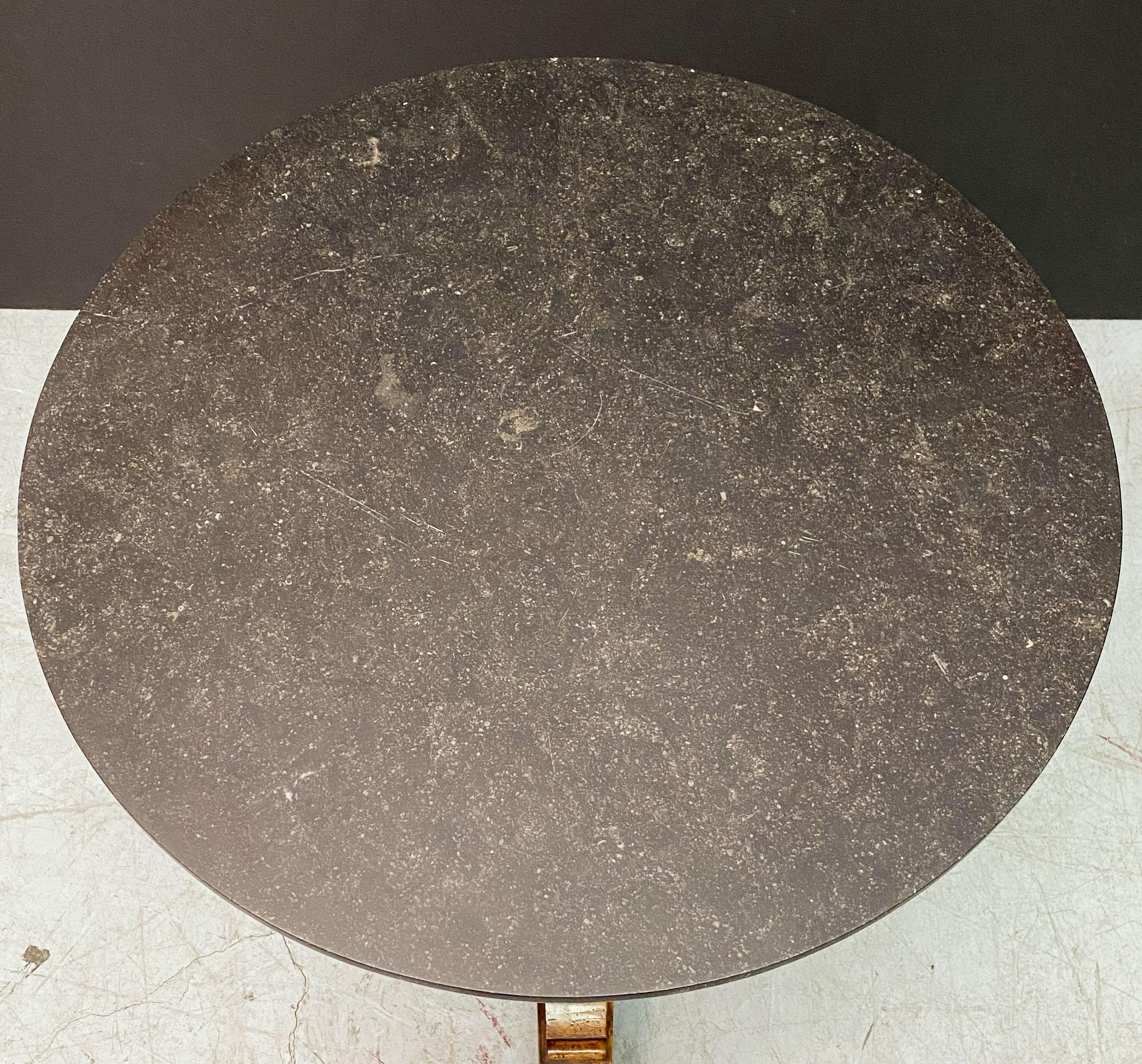 Metal French Guéridon or Round Table of Walnut with Marble Top