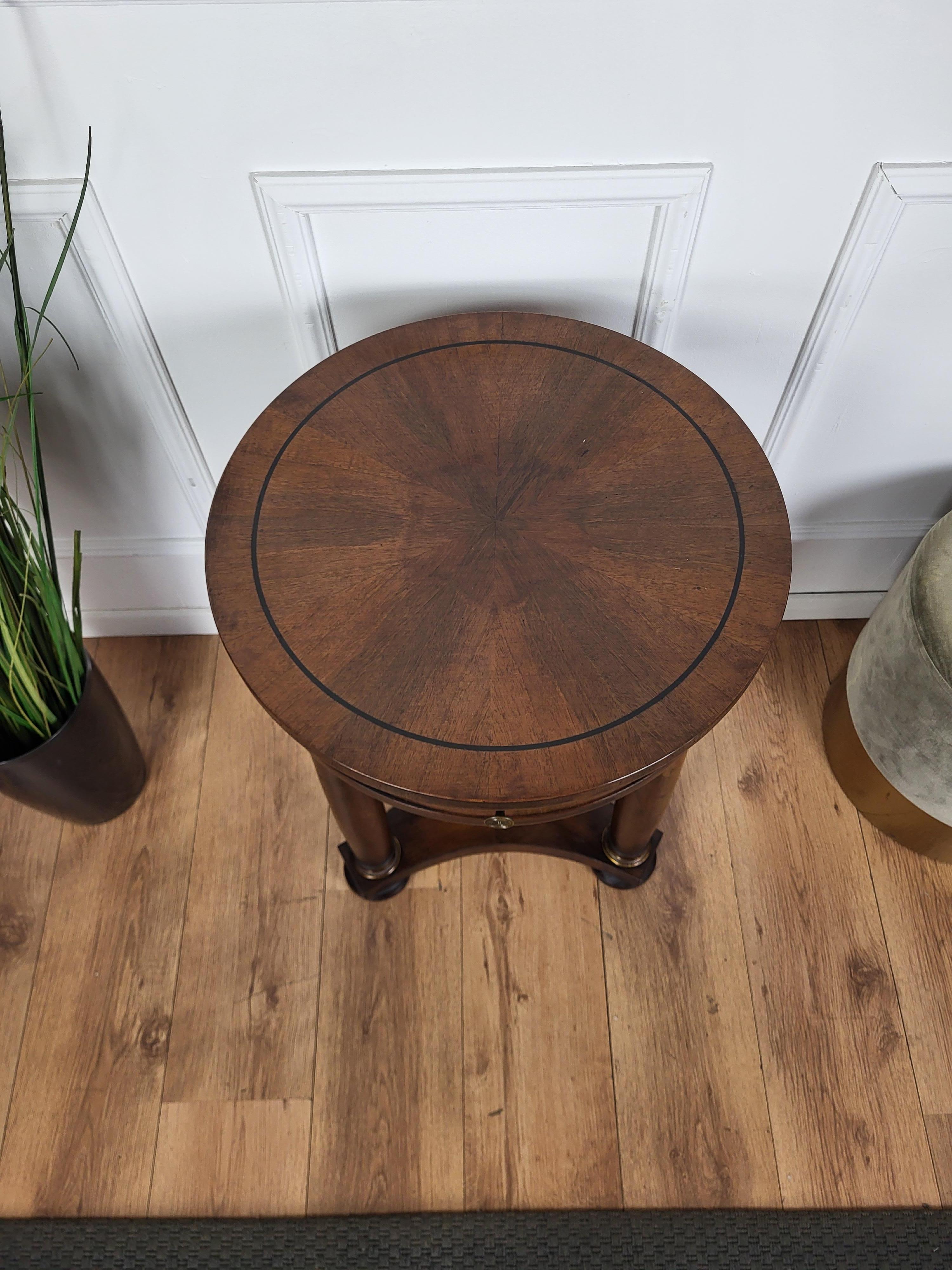 Wood French Gueridon Side Round Table in Mahogany with Tripod Columns Brass Decors  For Sale