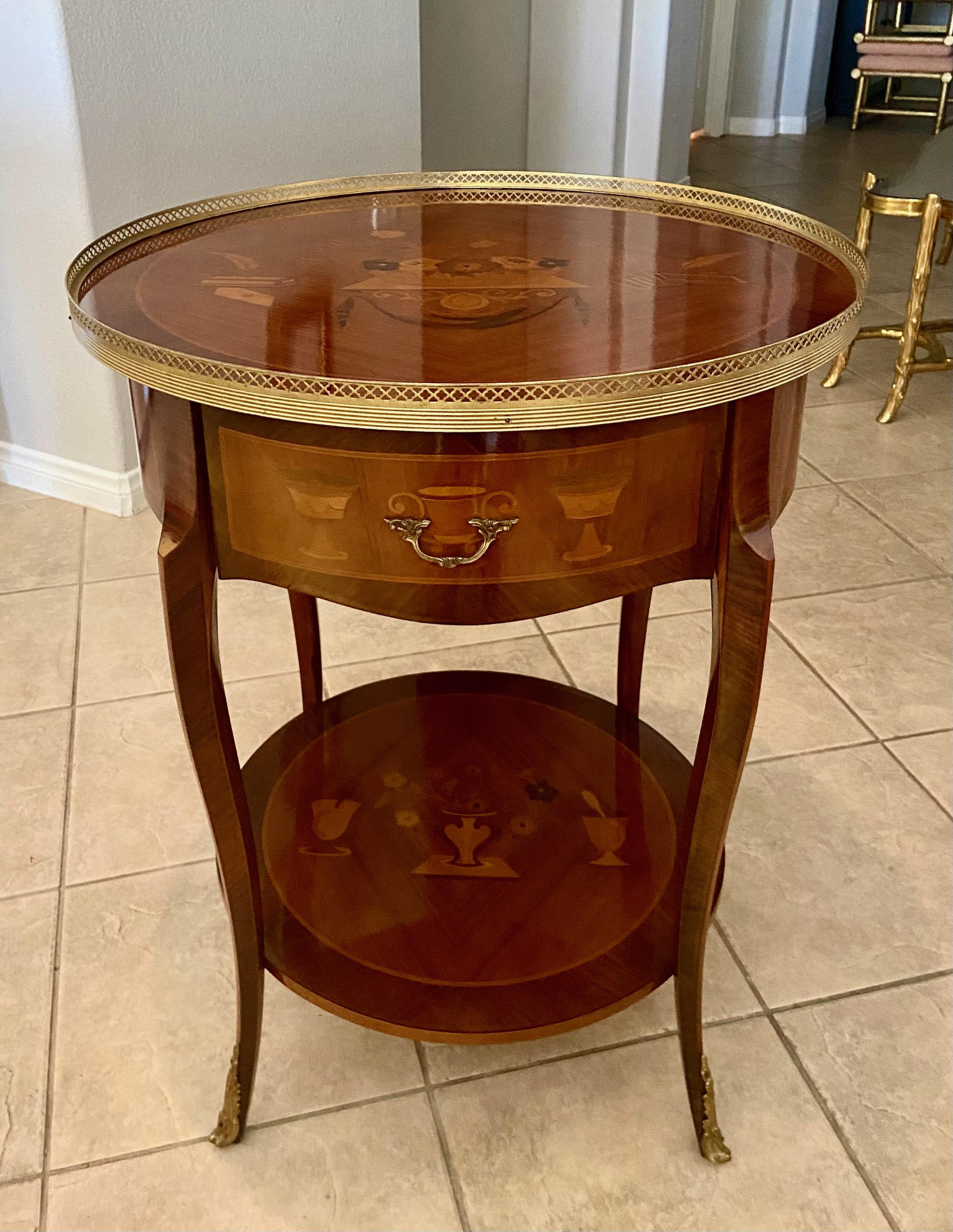 Brass French Gueridon Style Inlaid Side Table For Sale