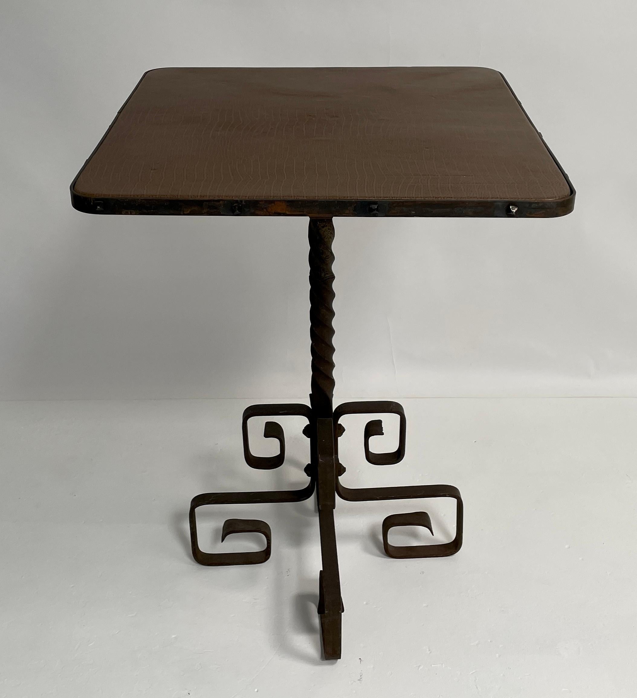 French Gueridon Table, Embossed Leather Top In Good Condition For Sale In Los Angeles, CA